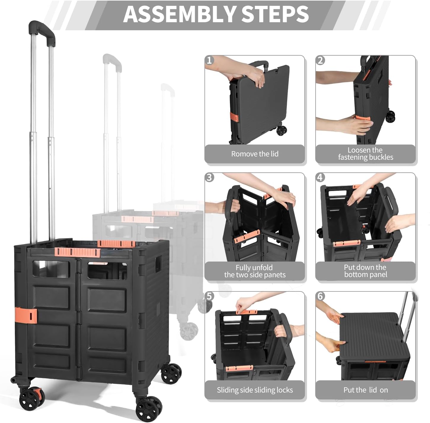 Carrito utilitario de caja rodante, cesta plegable para profesores, con tapa, resistente al desgaste, sin ruido, rueda giratoria de 360, mango