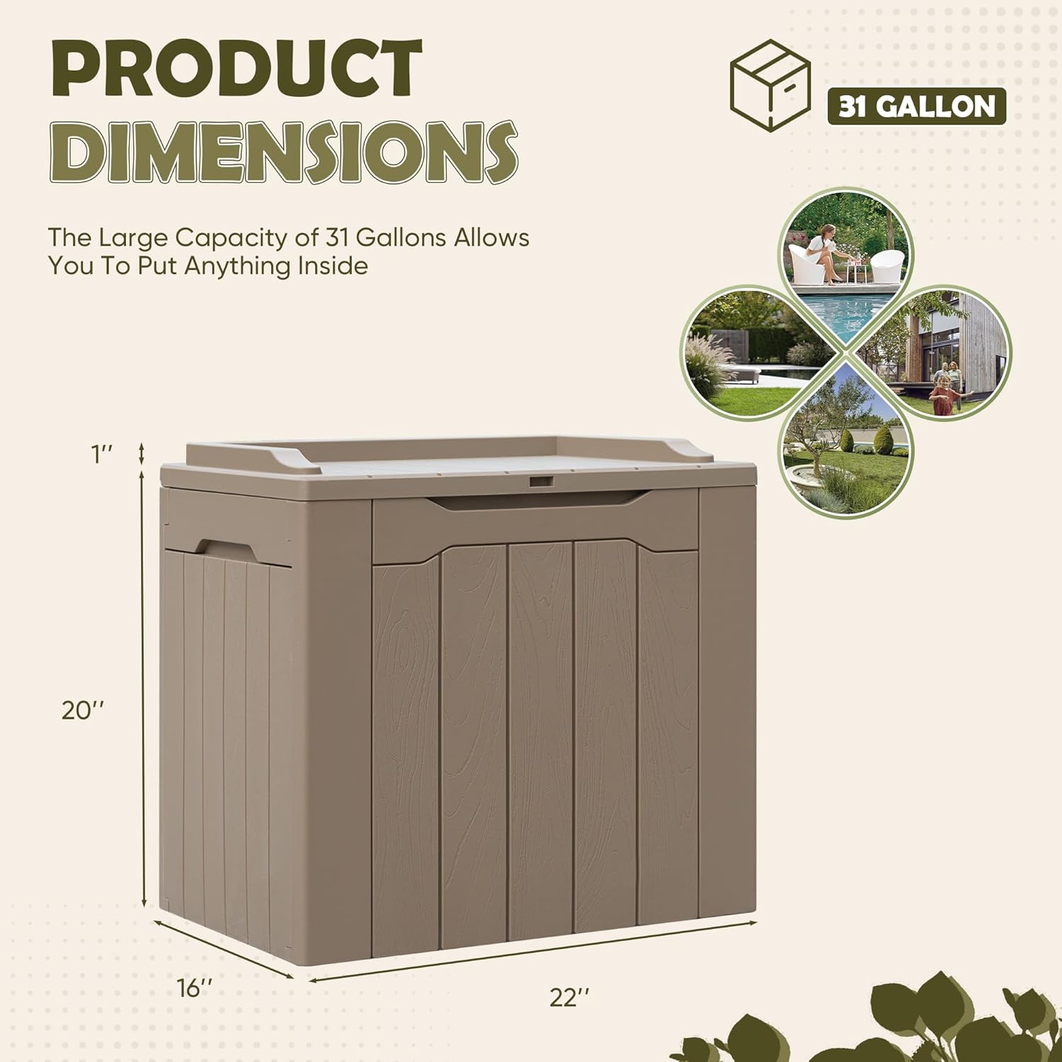 Caja de resina de 31 galones con cerradura, impermeable, para equipos deportivos, juguetes de piscina y cojines de patio, contenedor multifuncional
