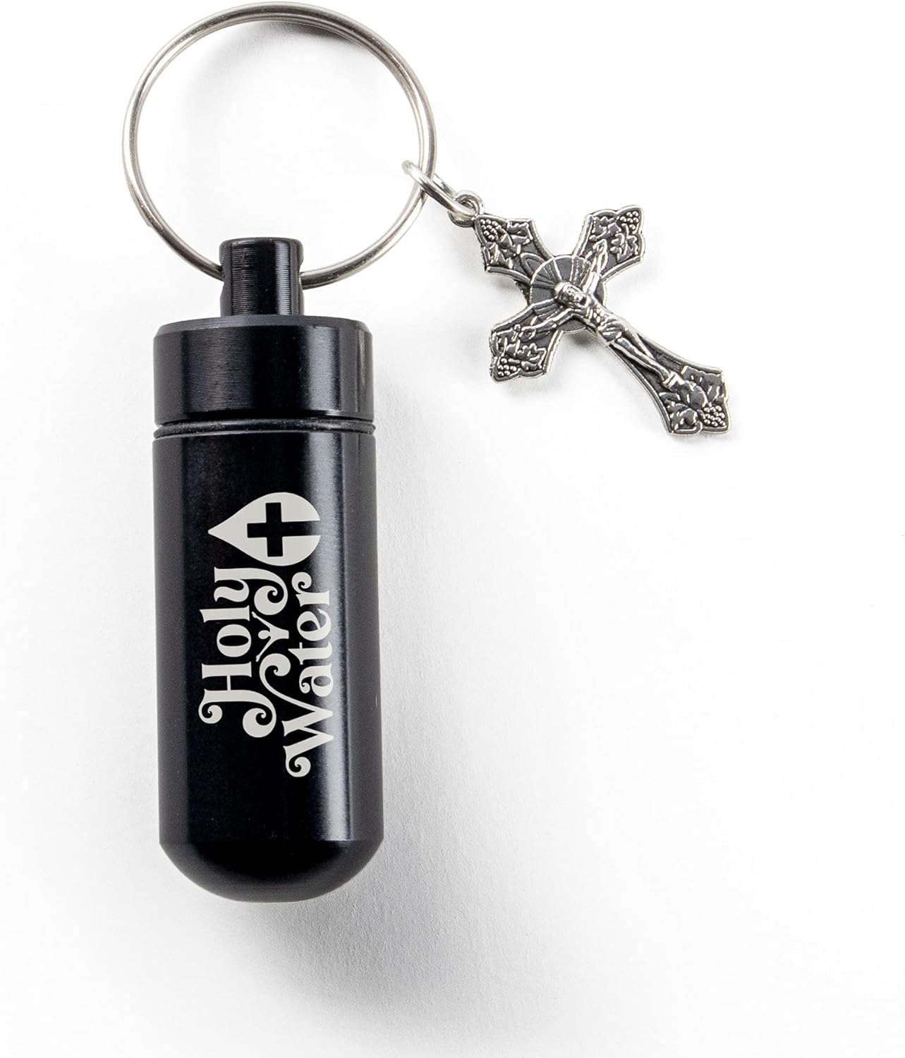 TREE OF LIFE REV. 2214 Catholic Holy Water Bottle, Black Keychain Container Kit with Plastic Eyedropper & Glass Vial
