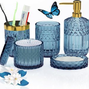 Juego de 5 accesorios de baño azules, modernos accesorios de baño de vidrio con dispensador de jabón de loción, jabonera, soporte para cepillos de Juego de 5 accesorios de baño azules, modernos accesorios de baño de vidrio con dispensador de jabón de loción, jabonera, soporte para cepillos de