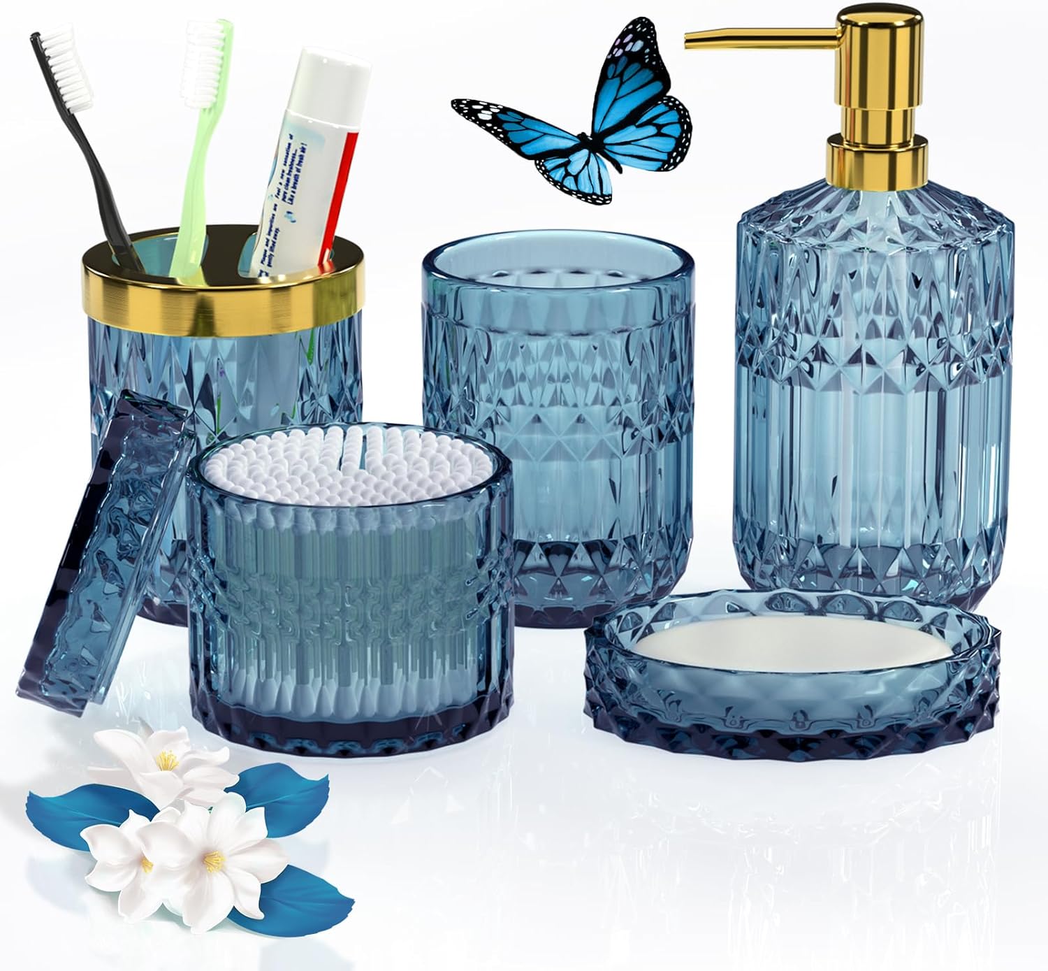Juego de 5 accesorios de baño azules, modernos accesorios de baño de vidrio con dispensador de jabón de loción, jabonera, soporte para cepillos de