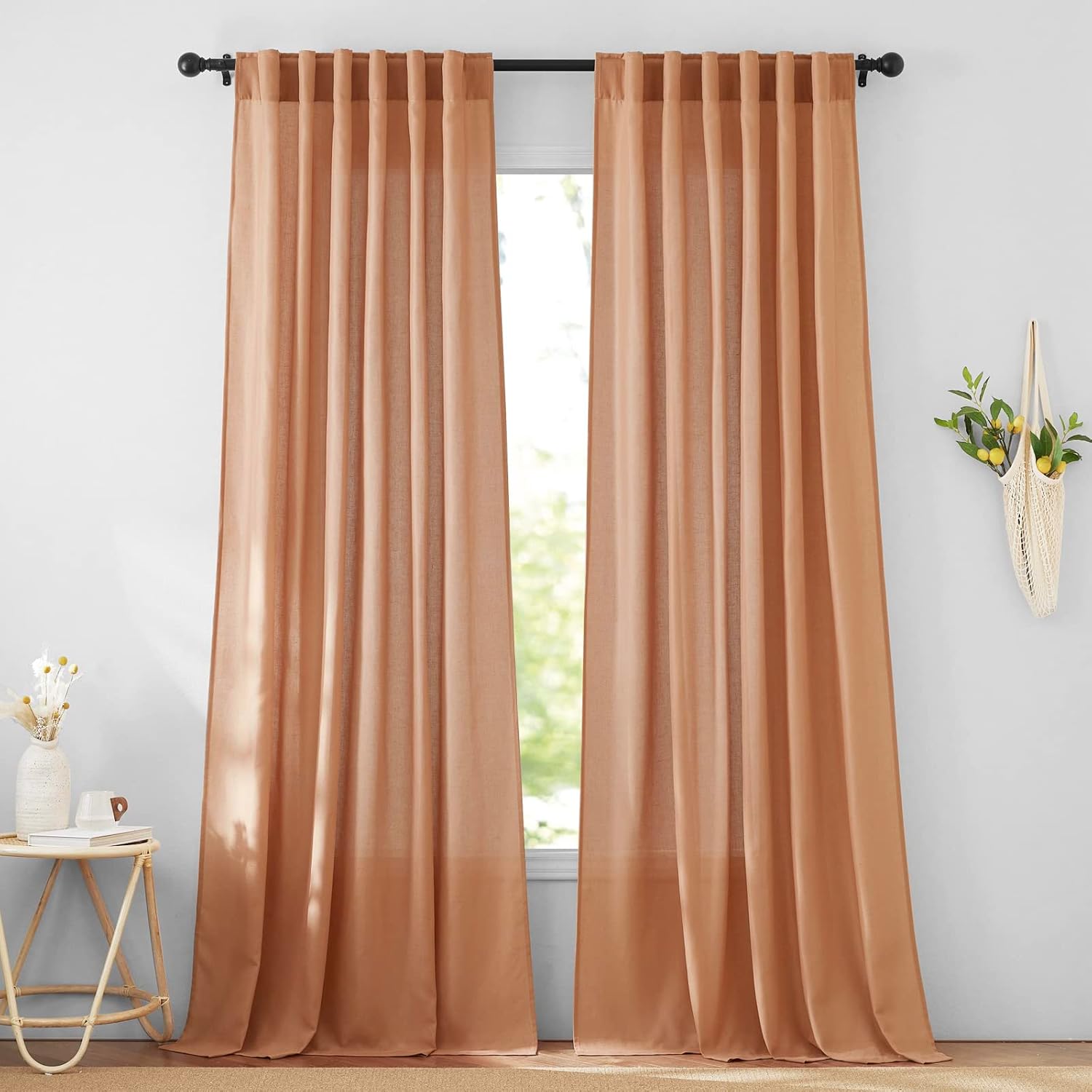 StangH Cortinas de lino de terracota  Cortinas semitransparentes de arpillera de privacidad con pestaña trasera para dormitorio, paneles de puerta