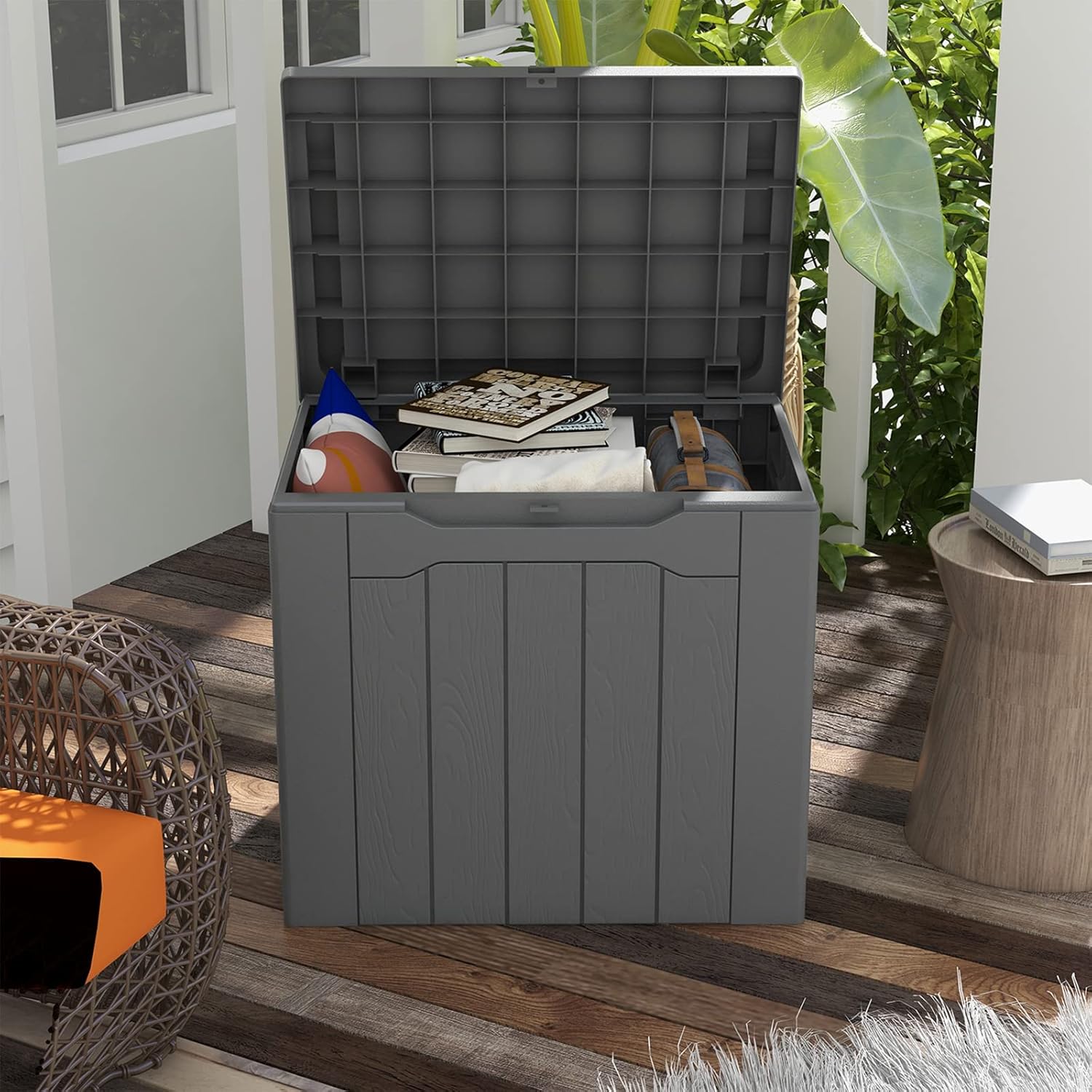 Patiowell Caja de resina de 30 galones, caja de almacenamiento al aire libre para muebles de patio, entregas, suministros de piscina, impermeable y