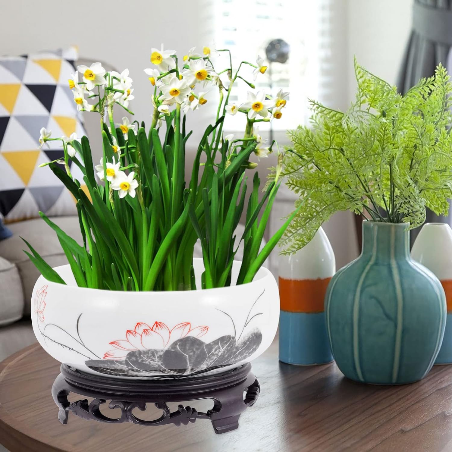 Veemoon Cerámica Water Lily Bowl Narciso Nautance Moneda de cobre Hierba Maceta con soporte Lotus Contenedor hidropónico Narciso Bonsái Maceta para