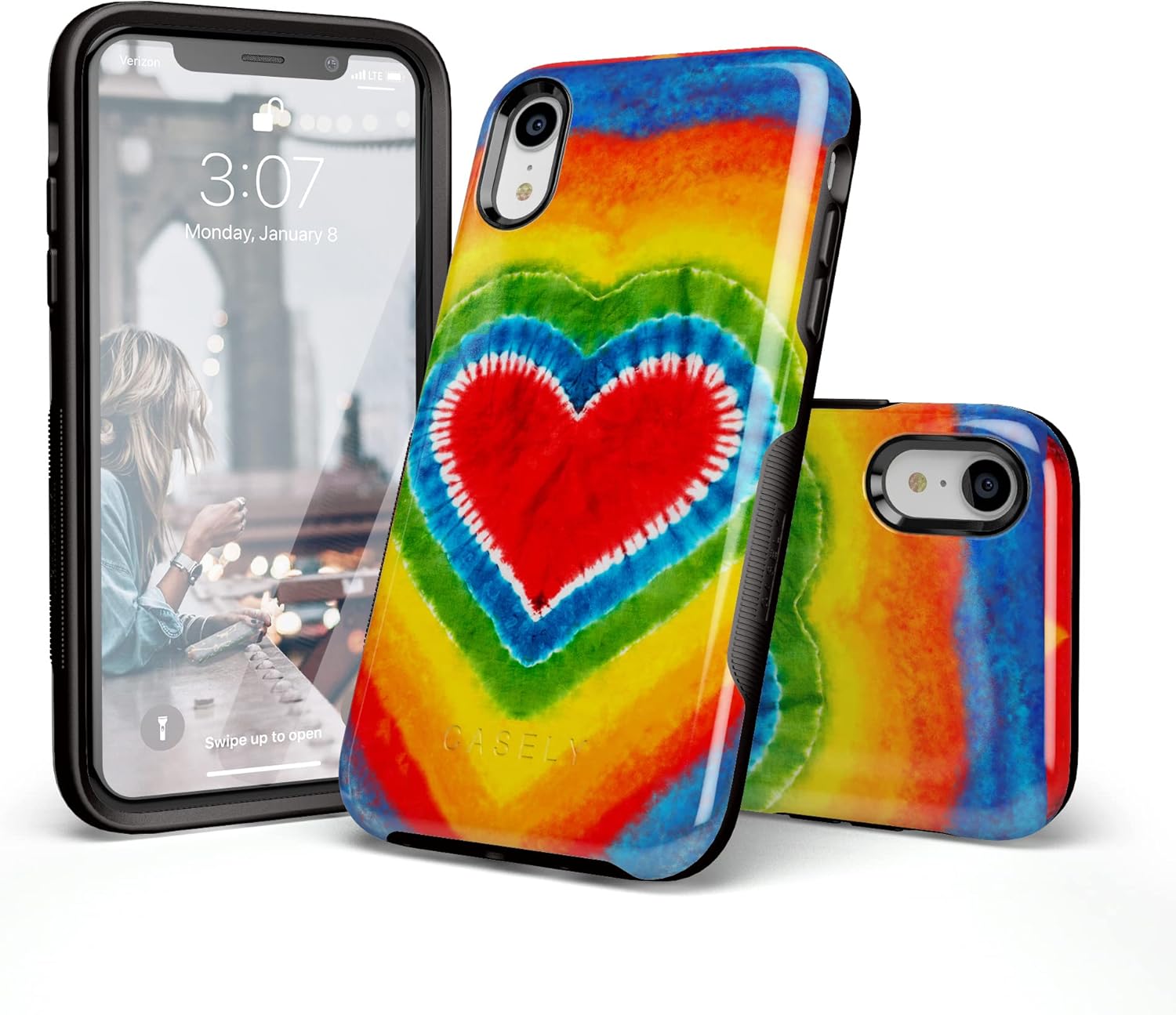 Casely Funda para iPhone XR  Funda con diseño de corazón teñido anudado
