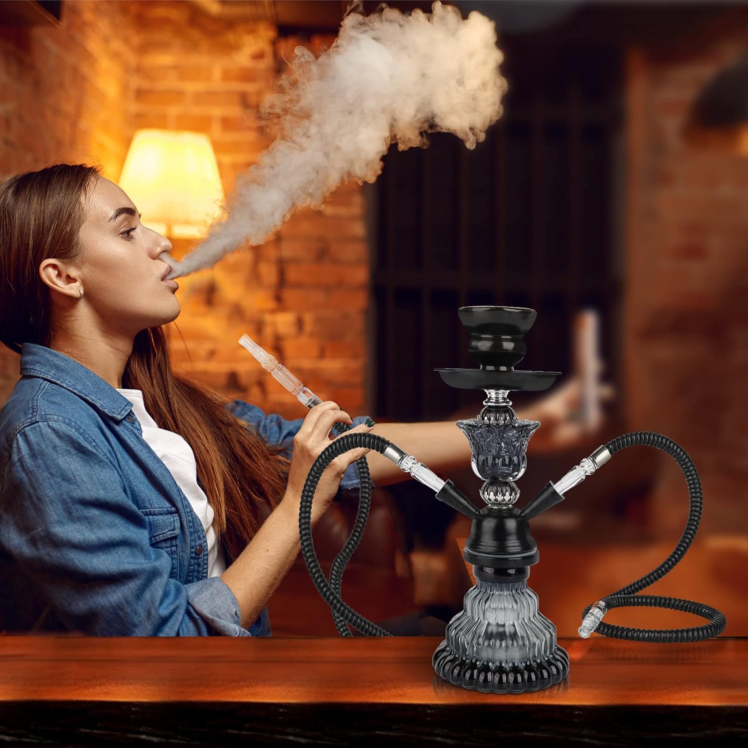 Juego de 2 mangueras de cachimba  Juego de cachimba pequeño de 11 pulgadas con jarrón de vidrio, cuenco de cerámica, manguera de cuero, pinzas de