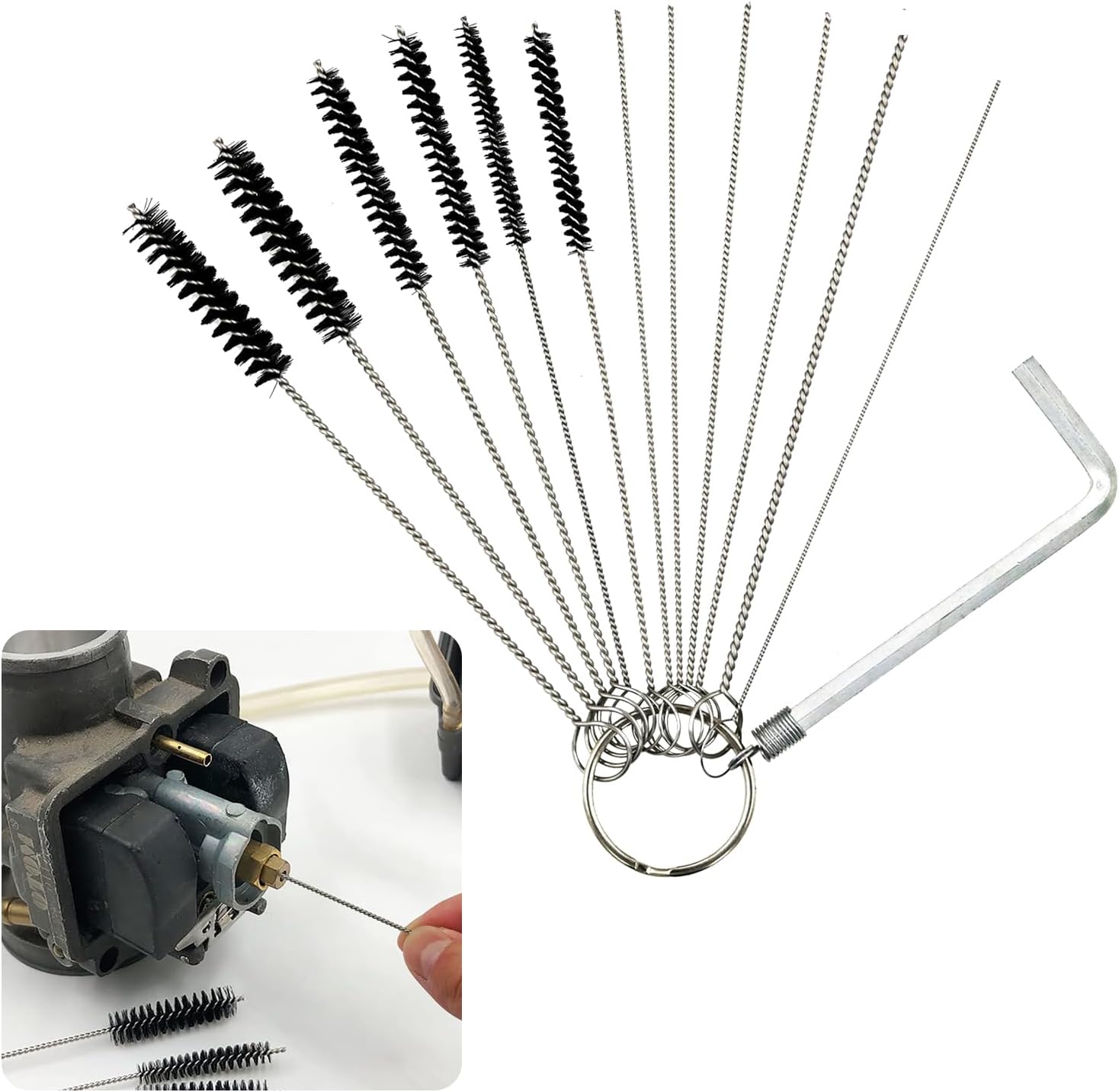 Carburador Carbon Dirt Jet Remover, 5 cepillos de nailon + 10 agujas de limpieza + 1 kit de herramientas de llave de mariposa para motocicleta, ATV,