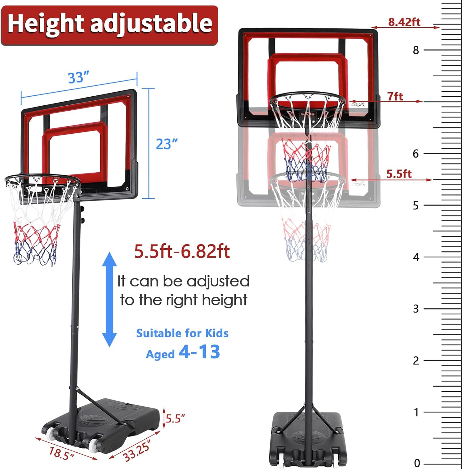 Basketball Hoop Outdoor Kids Basketball Goal,Height Adjustable&Protable Basketballl Count for Outdoor Sport