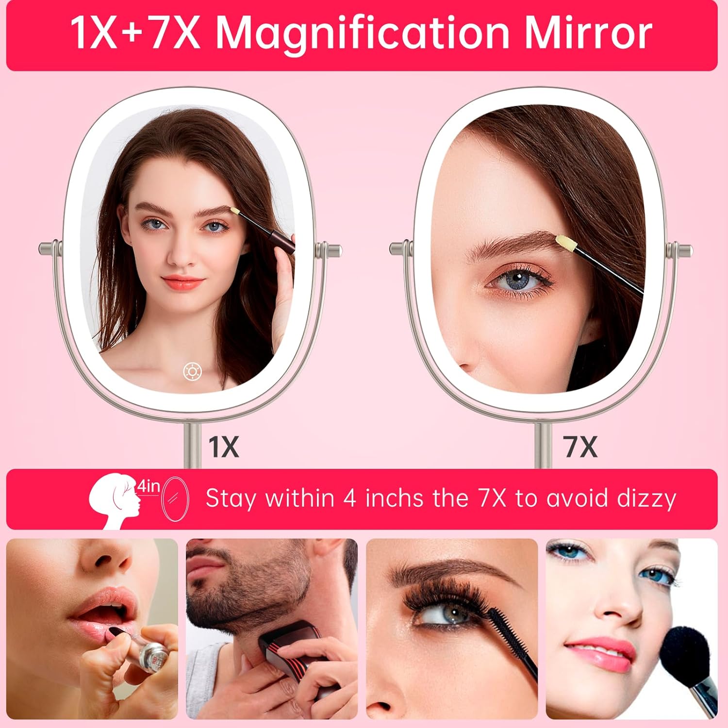LOVESPEJO Espejo de maquillaje iluminado de 9 pulgadas con aumento, espejo de aumento 1X7X, espejos de maquillaje personal recargables de doble
