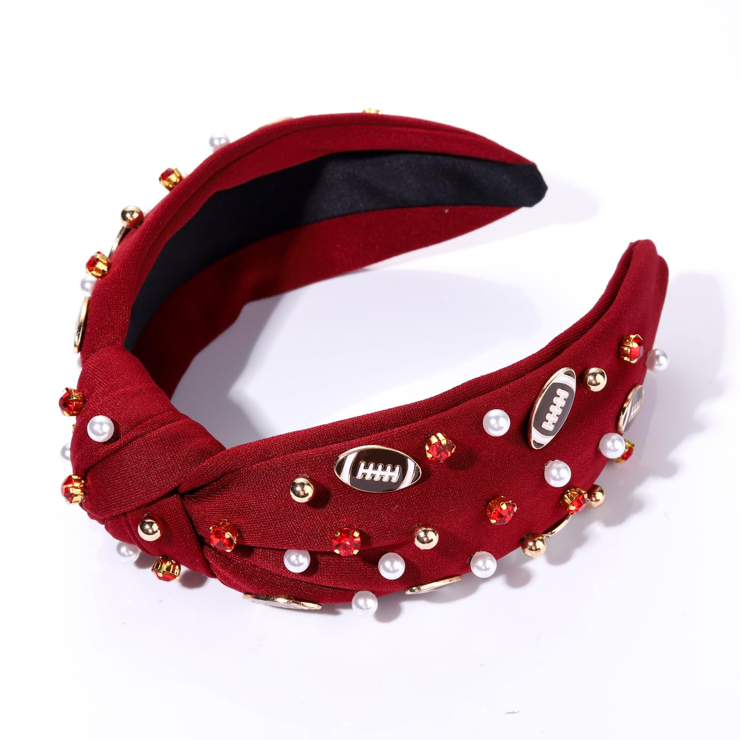 Diadema de fútbol con perlas y diamantes de imitación, diadema anudada divertida para deportes de fútbol, banda ancha con nudo superior para el día