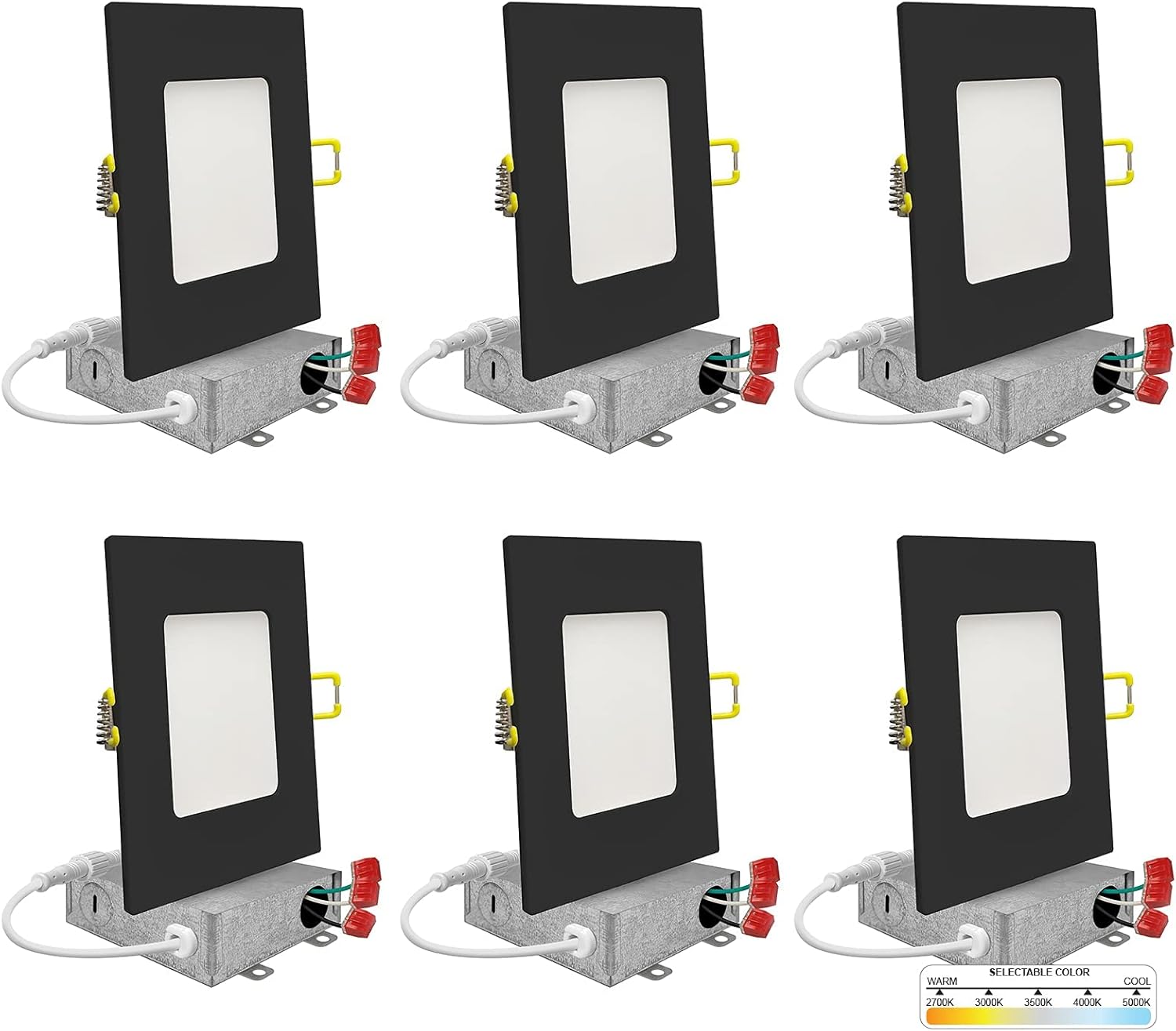 NUWATT Paquete de 6 luces LED empotrables cuadradas ultrafinas de 6 pulgadas, seleccionables 2700 K3000 K3500 K4000 K5000 K, alto brillo 1050