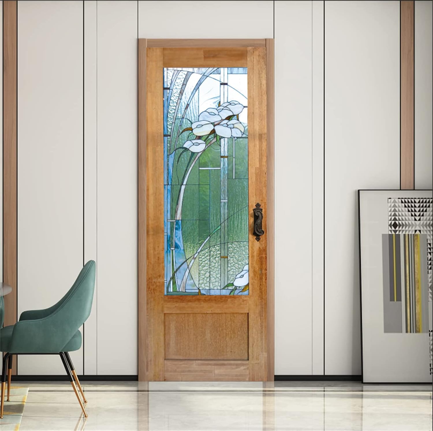 artfanke Adhesivo para puerta de vidrieras 3D, murales de madera retro, papel tapiz autoadhesivo para puerta, calcomanía impermeable para puerta del