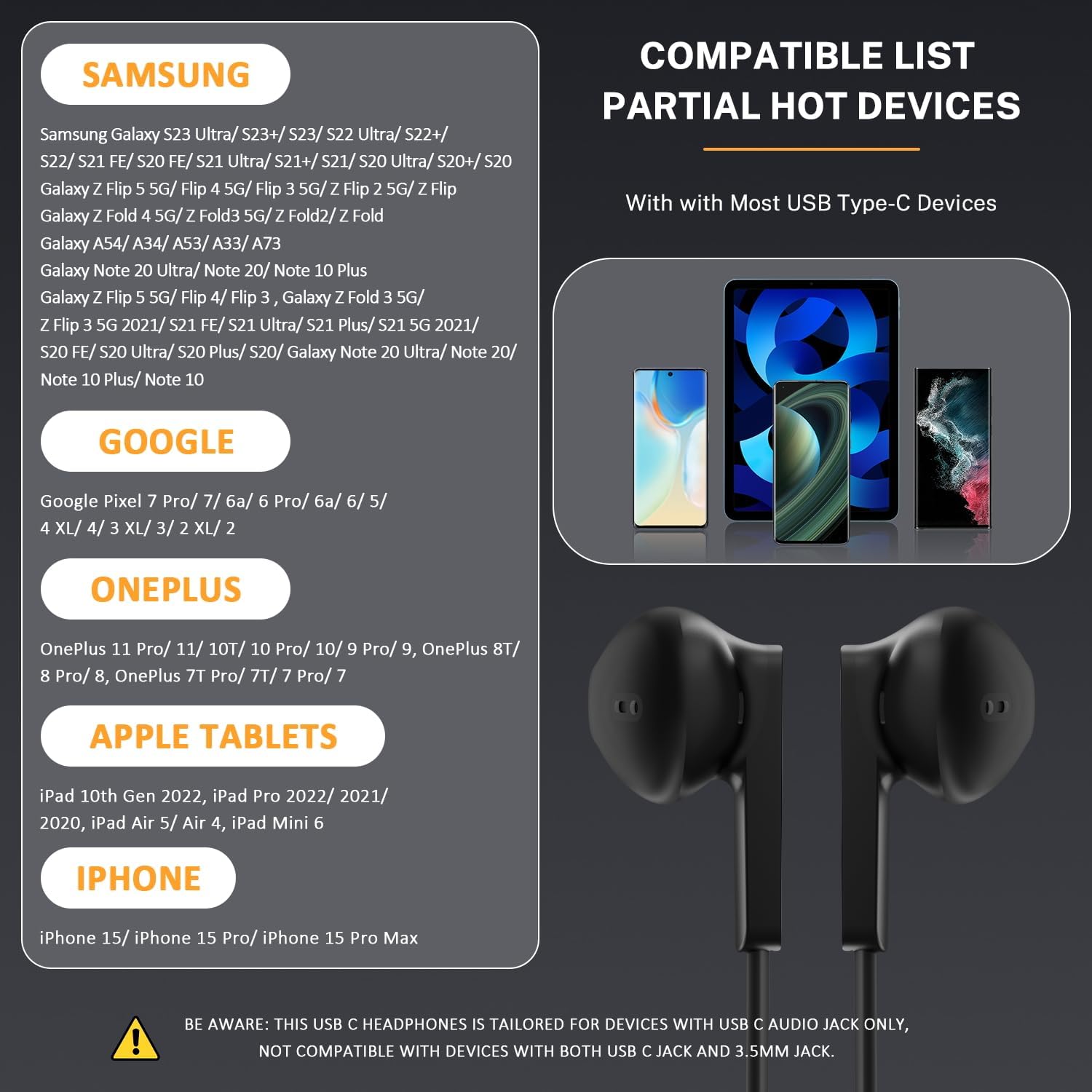 Auriculares USB C para iPhone 1515 Pro 15 Pro Max Galaxy S24 Ultra Plus Tipo C Auriculares con cable con micrófono aislamiento de ruido estéreo semi