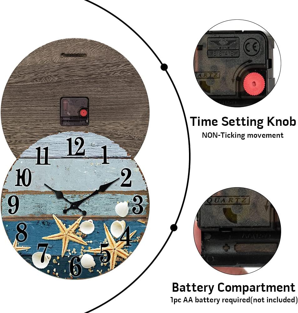 Reloj de pared Seashell, 12 pulgadas, mecanismo de cuarzo silencioso sin tictac, fácil de leer, tema de playa de madera ligero