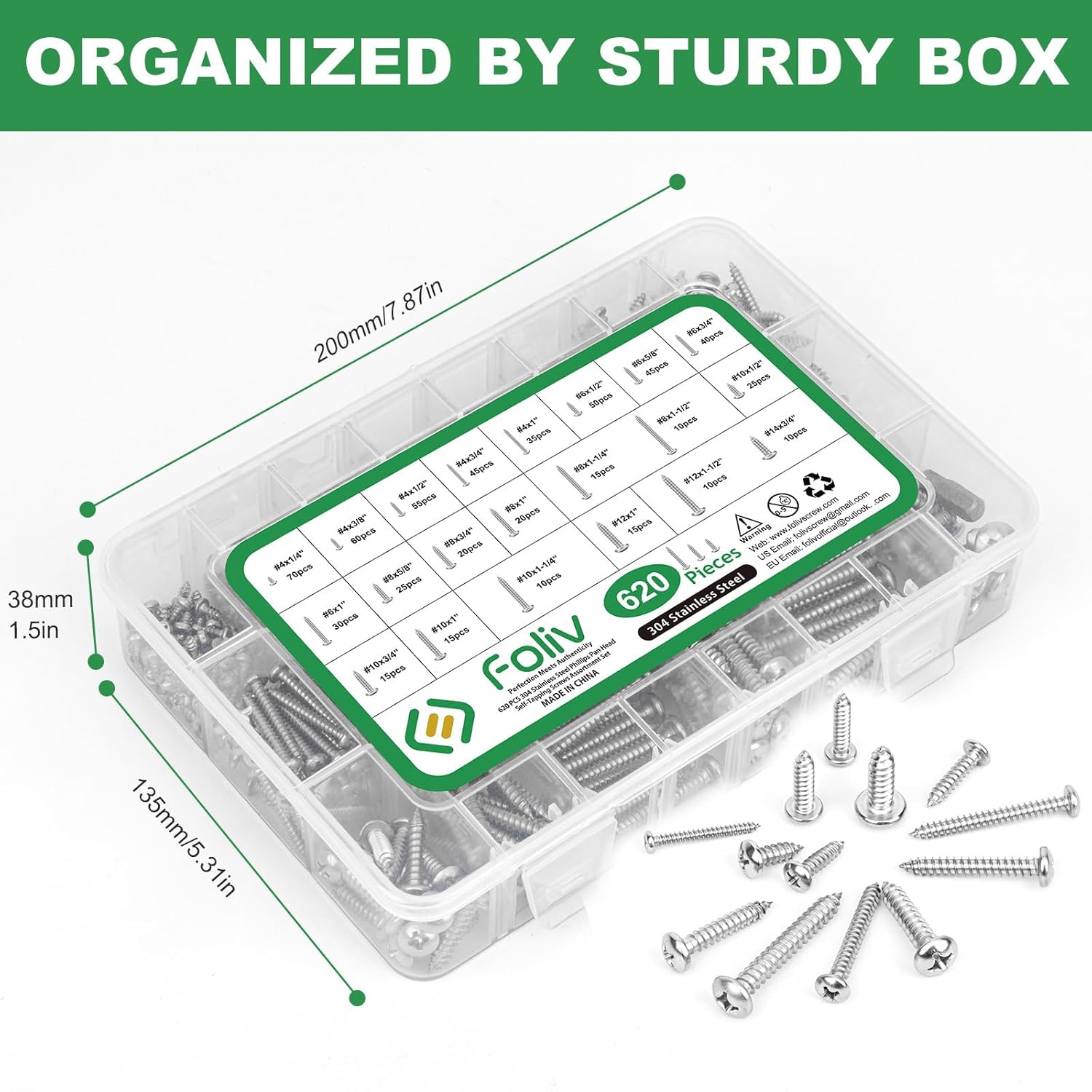 FOLIV Tornillos de madera de Philips de cabeza plana de acero inoxidable 620pcs, 4#6#8#10#12 Kit surtido de tornillos autorroscantes