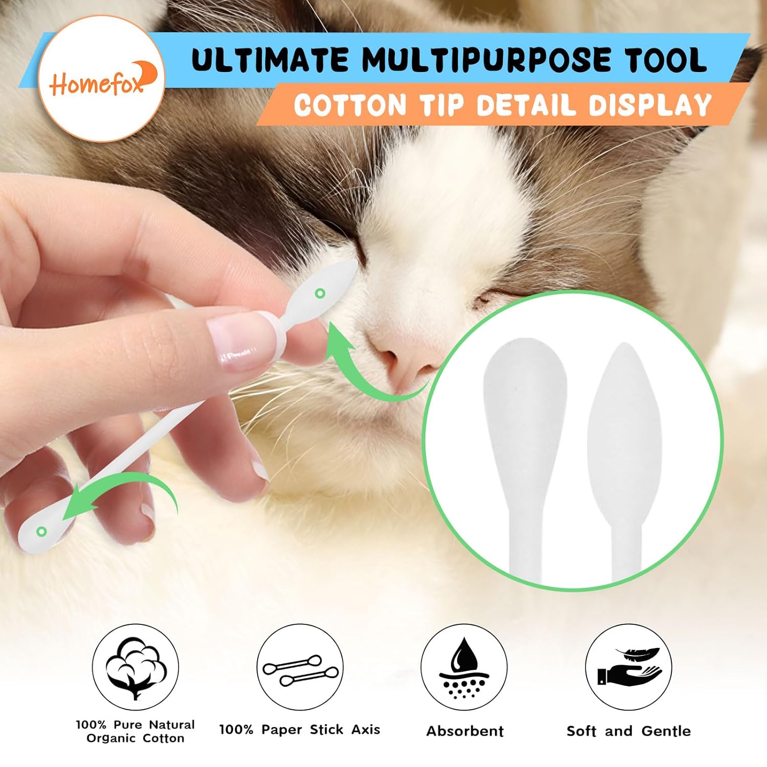 HOMEFOX Hisopos de algodón XL de precisión puntiaguda, 500 unidades extra grandes y gruesos, bastoncillos de algodón orgánico puntiagudos de doble