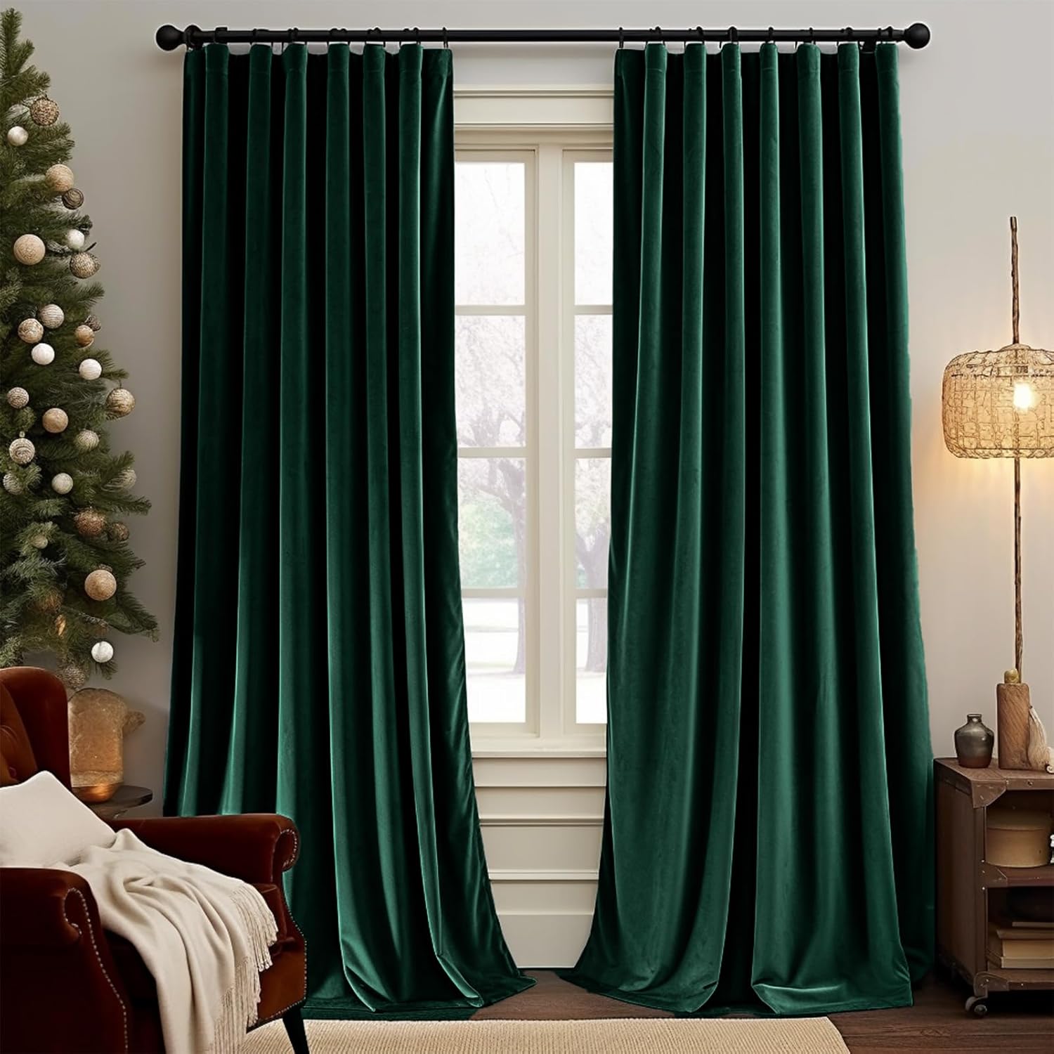 Lazzzy Cortina opaca de terciopelo verde con aislamiento térmico para dormitorio, sala de estar, oscurecimiento de privacidad, cortinas de