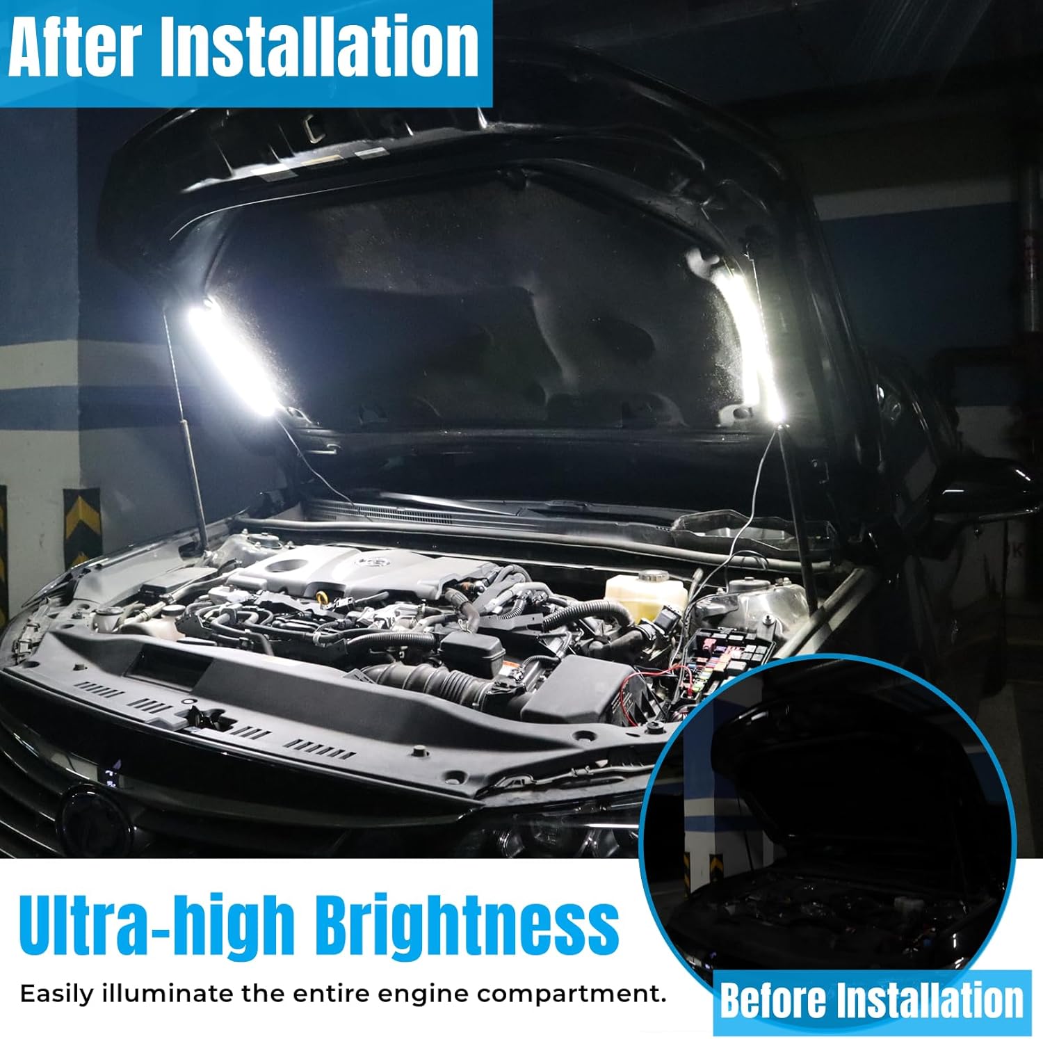 GreceYou Kit de luz LED 2 en 1 debajo del capó, barra de luz LED impermeable de 12 V para automóvil, luces de trabajo bajo el capó con