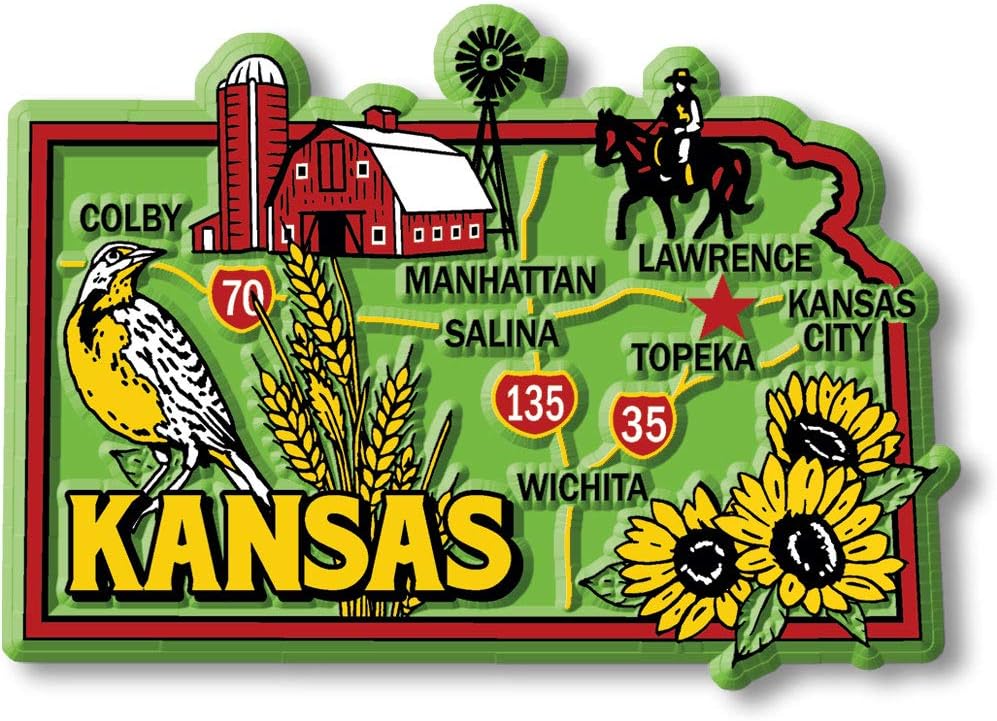 Imán colorido de Kansas de Classic Magnets, 3.3 x 2.4 pulgadas, recuerdos coleccionables fabricados en los Estados Unidos