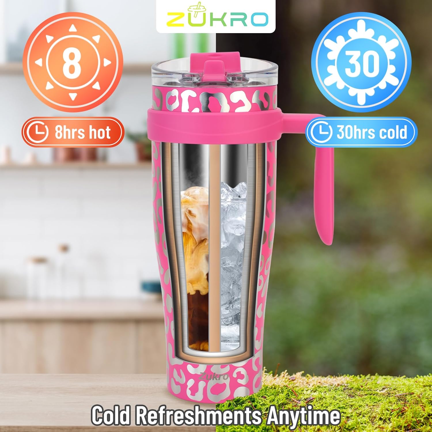 Zukro Vaso de 50 onzas con popote abatible y asa, a prueba de fugas de acero inoxidable aislado al vacío con tapa 2 en 1, apto para portavasos sin