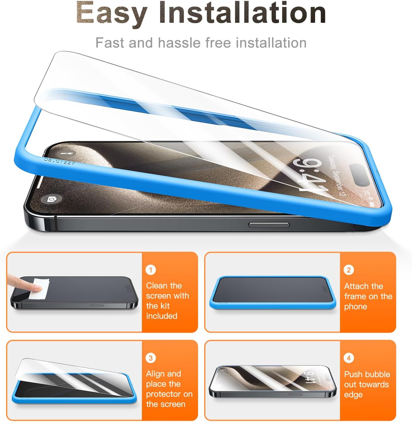 CANSHN Protector de pantalla de vidrio templado para iPhone 15 Pro con marco de fácil instalación compatible con fundas 99.99% transparente HD 9H