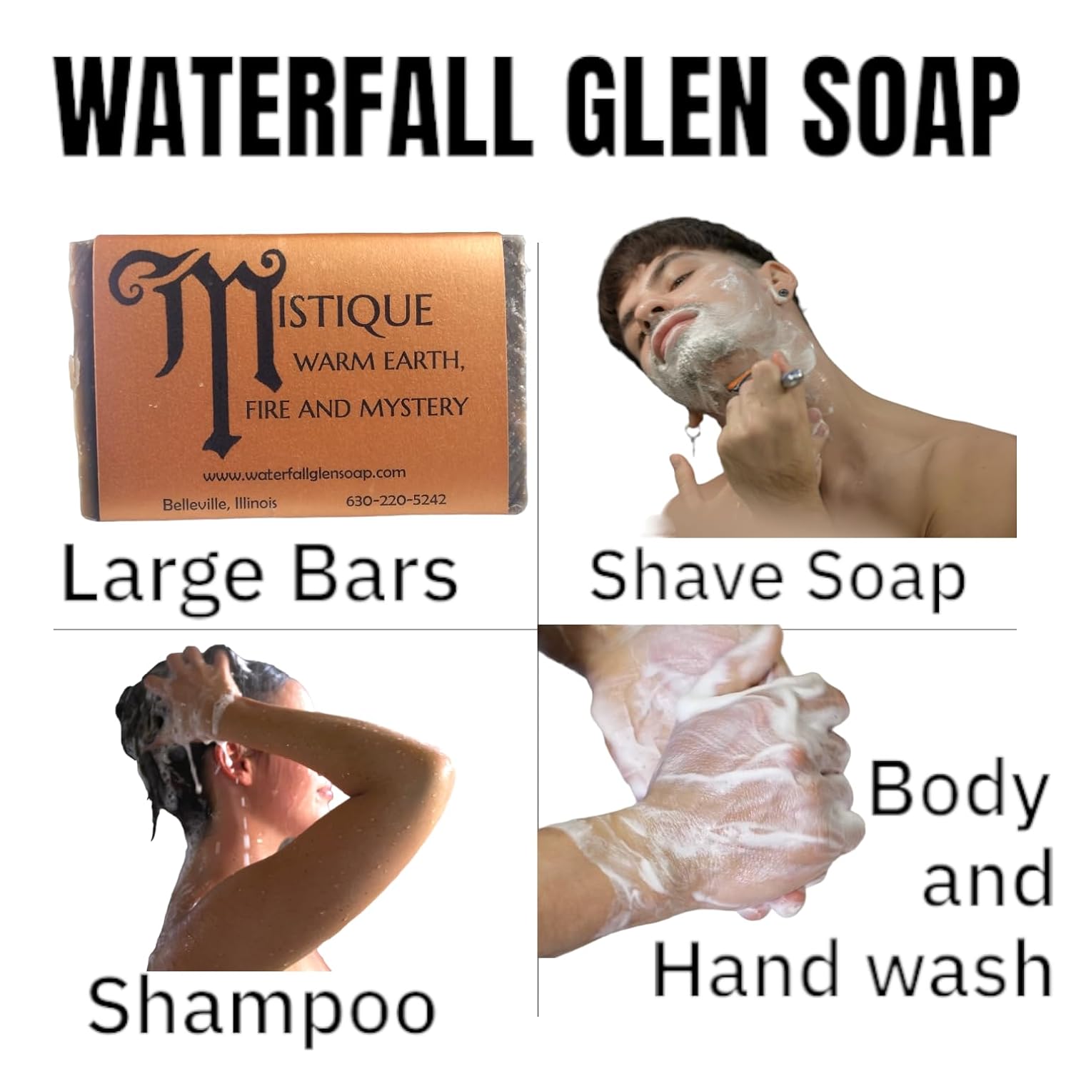 WFG WATERFALL GLEN SOAP COMPANY, LLC, Mistique, sándalo, pachulí y especias jabón de baño, jabón corporal, jabón vegano natural enriquecido con