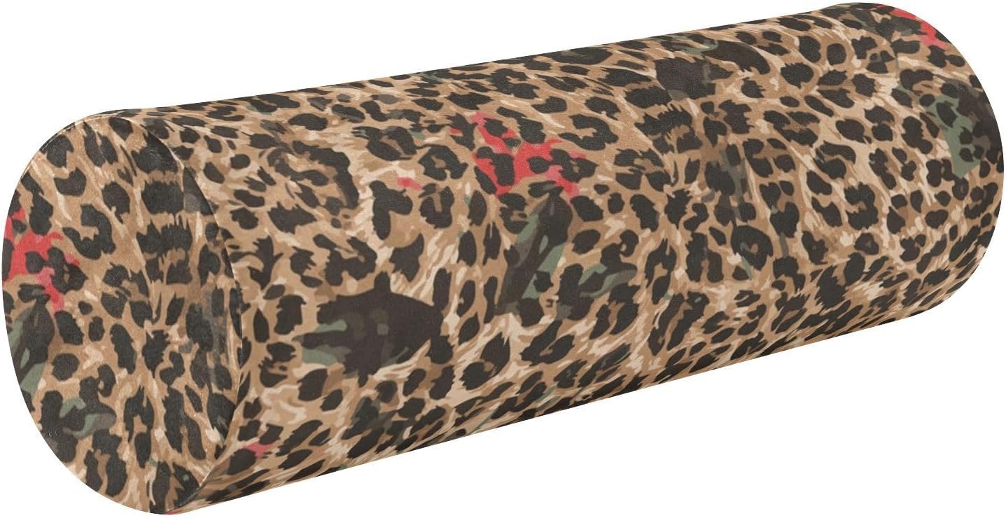 KLL Leopard Pattern Wild Round Cervical Roll Bolster Pillow Sleep Neck Roll Pillow Long Round Pillows for Bed Cylinder Throw Pillow Bolster Pillow