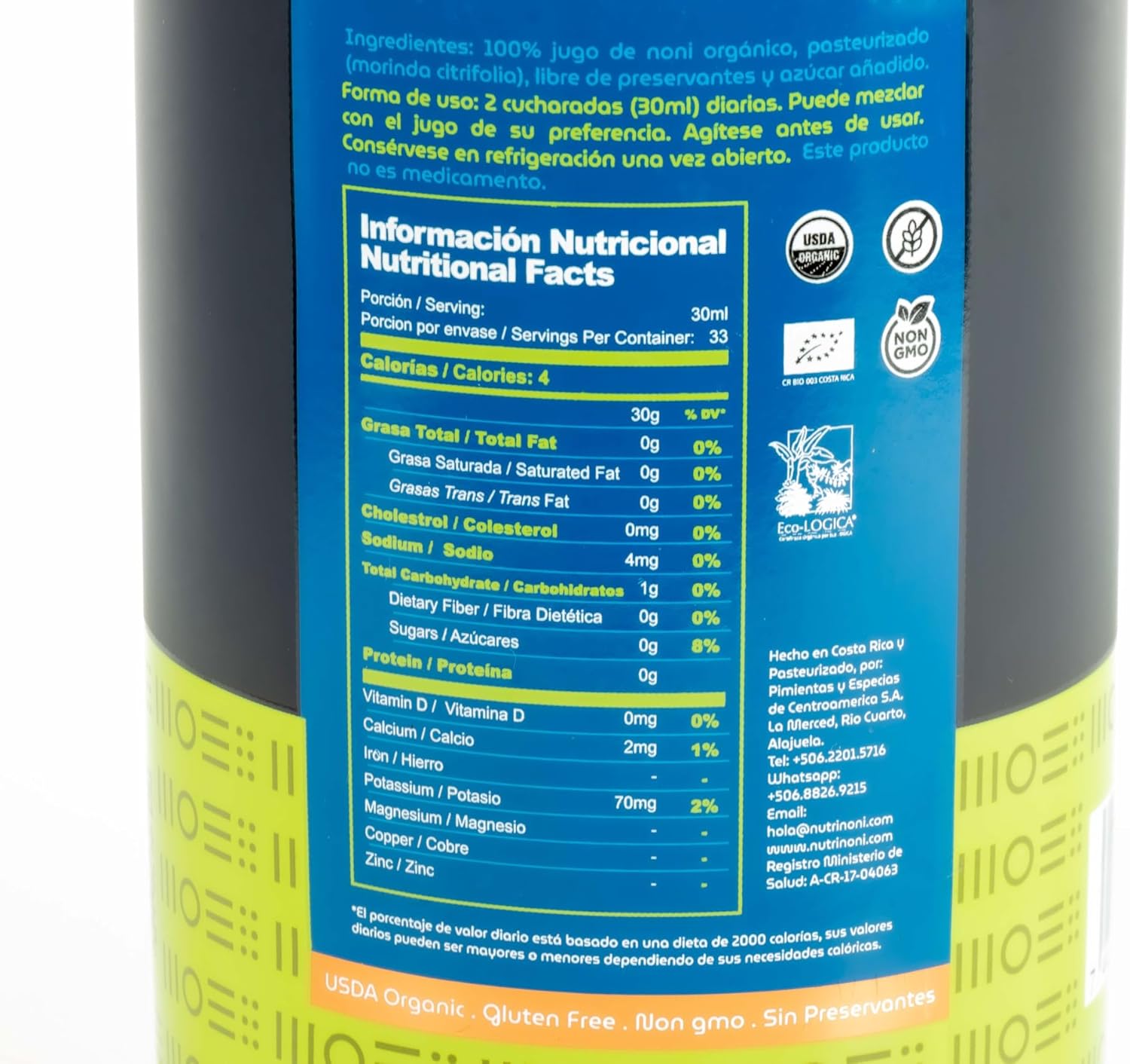Jugo orgánico USDA 100% puro de Costa Rica Sabor Original Sin Fruta Añadida. 33.8 fl oz. Uno de los superalimentos de la naturaleza