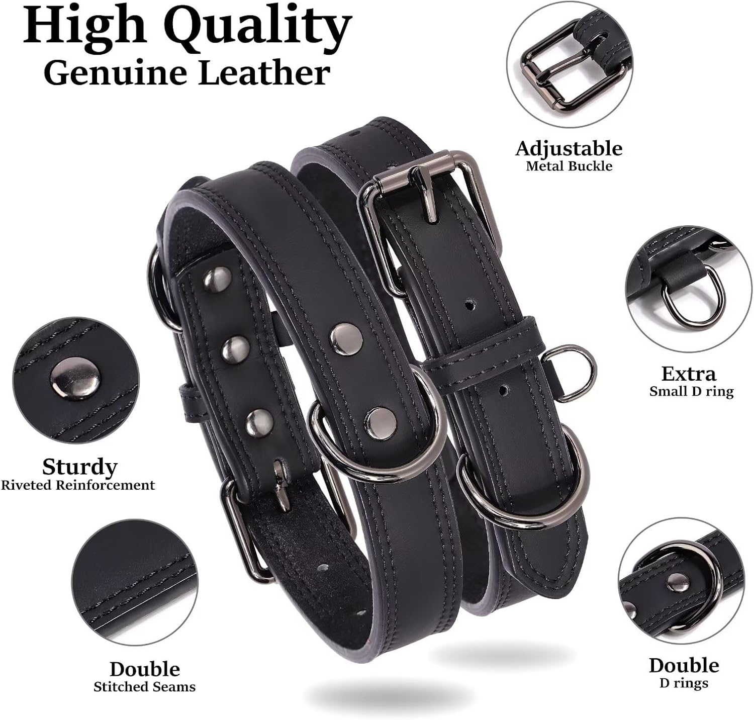Didog Collar de perro de cuero genuino, duradero y suave, resistente con anillos dobles en D, collar de perro negro ajustable con hebilla de metal