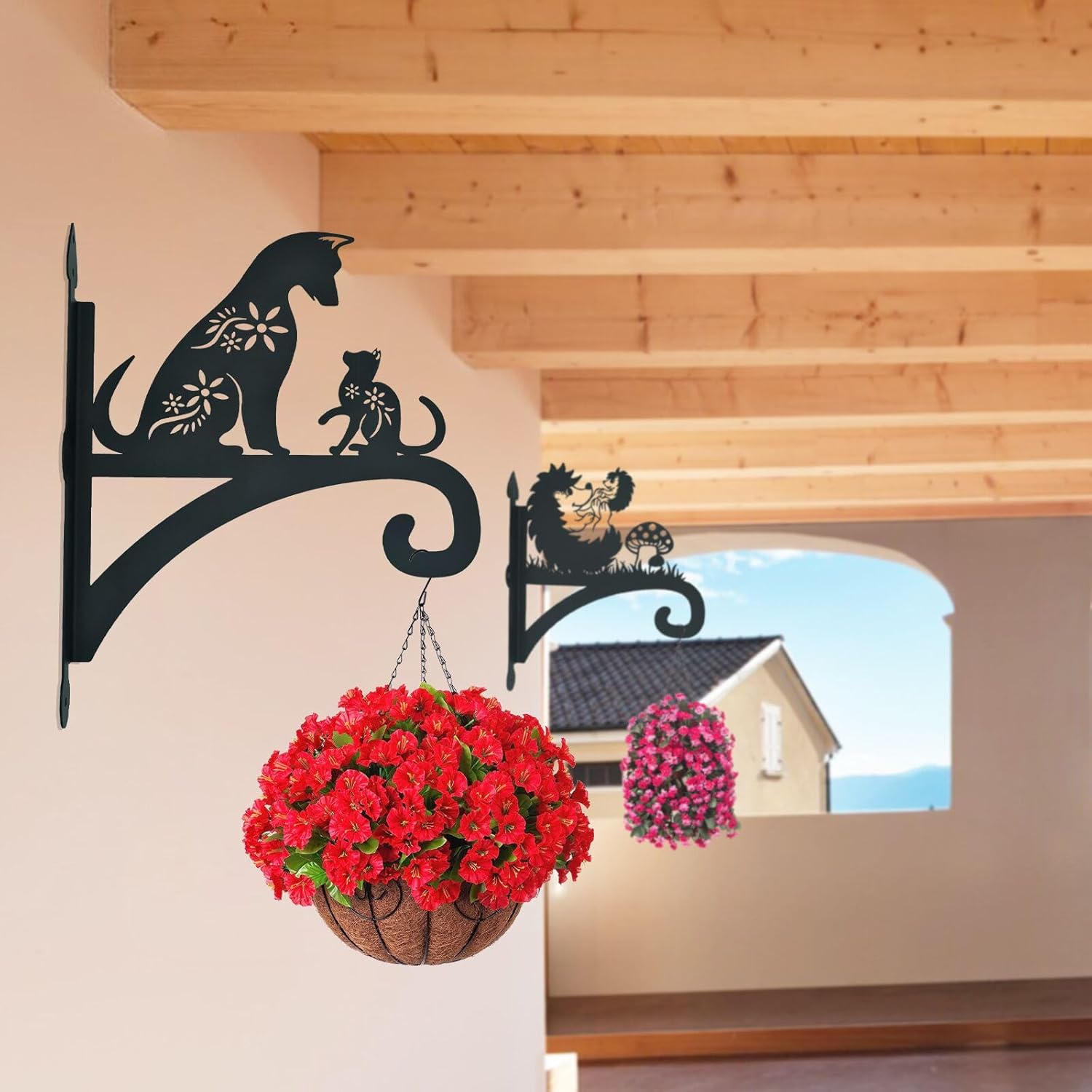 Perchas colgantes para plantas al aire libre, hierro resistente, diseño decorativo de gato y perro, soporte para plantas colgantes, gancho para