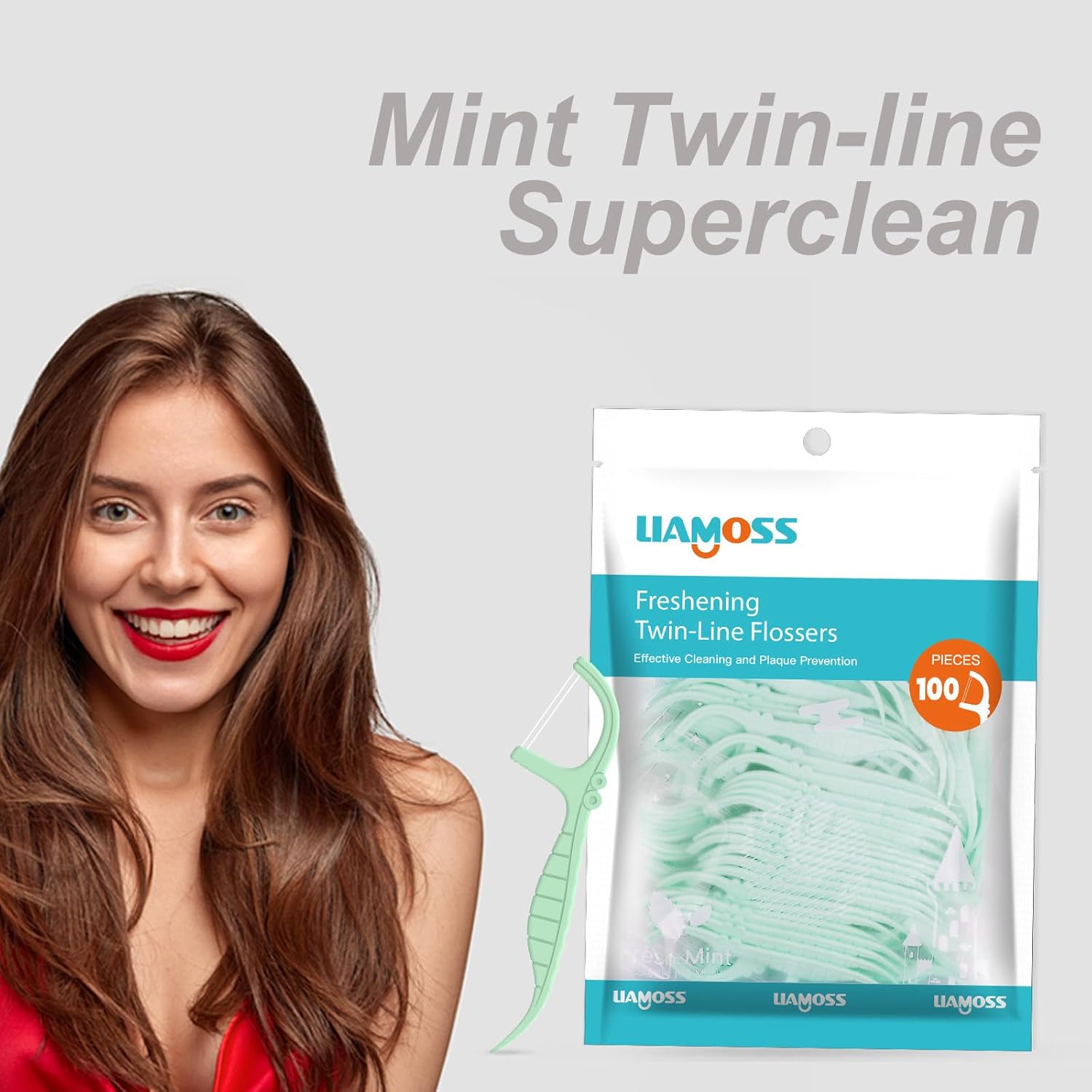 Hilo dental de doble línea, 100 palillos de hilo dental sabor menta, doble acción LIAMOSS para dientes súper limpieza en menos de dos minutos,