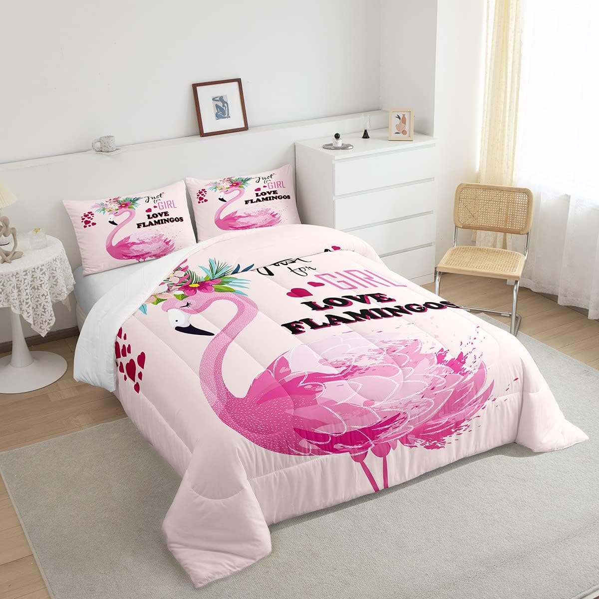 Juego de edredón de flamenco rosa para niñas, ropa de cama de flamenco tropical, juegos de ropa de cama de animales florales hawaianos, edredón de