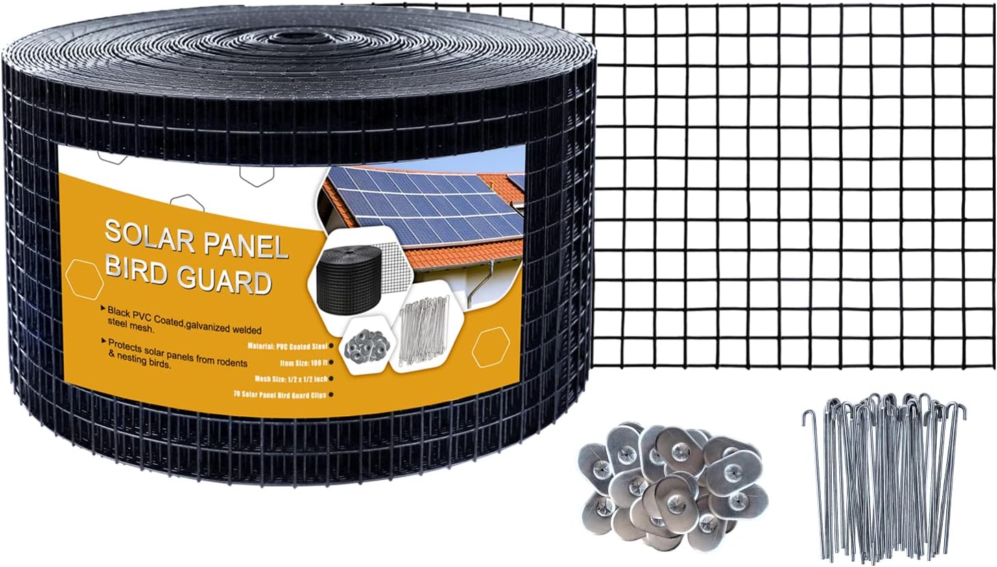 Panel solar de alambre para pájaros, 8 pulgadas x 100 pies, recubierto de PVC, kit de rollo de aves para evitar que entren y aniden, con 70 clips de