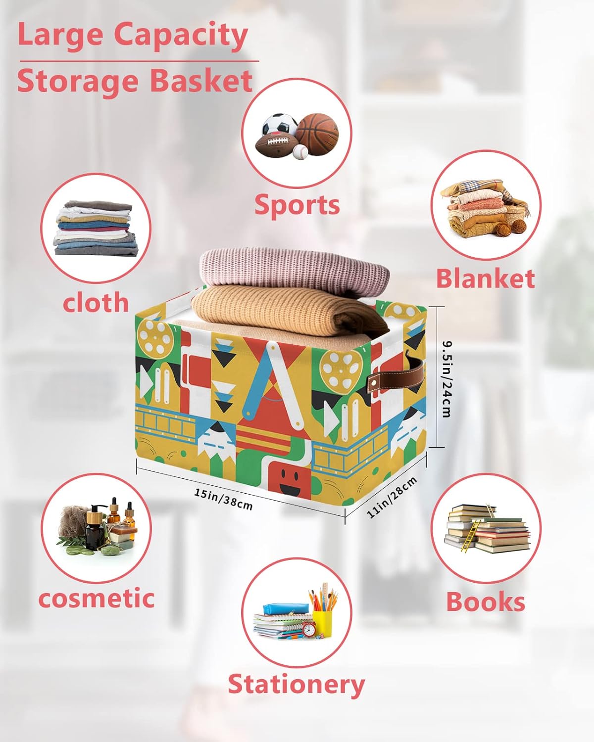 Colorful Geometric Storage Basket for Organizing Shelves, Collapsible Storage Bins Boxes with Handle, Modern Irregular Abstract Art Aesthetics