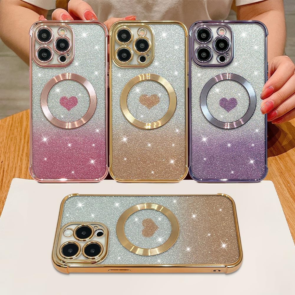 AIGOMARA Funda magnética transparente con purpurina para iPhone 15 Pro Max, compatible con Magsafe, cubierta de TPU suave chapado de lujo con