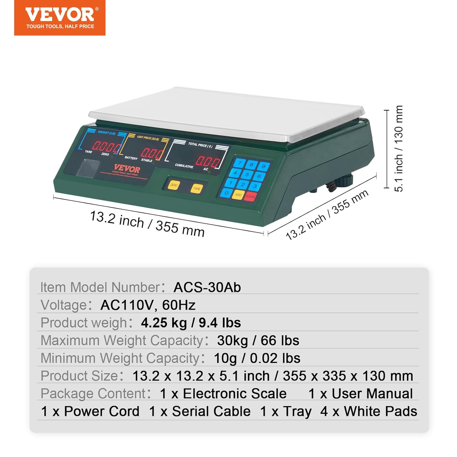 VEVOR Báscula electrónica de computación de precios, básculas digitales de 66 libras, LED digital comercial, alimentos, frutas, carne, conteo de