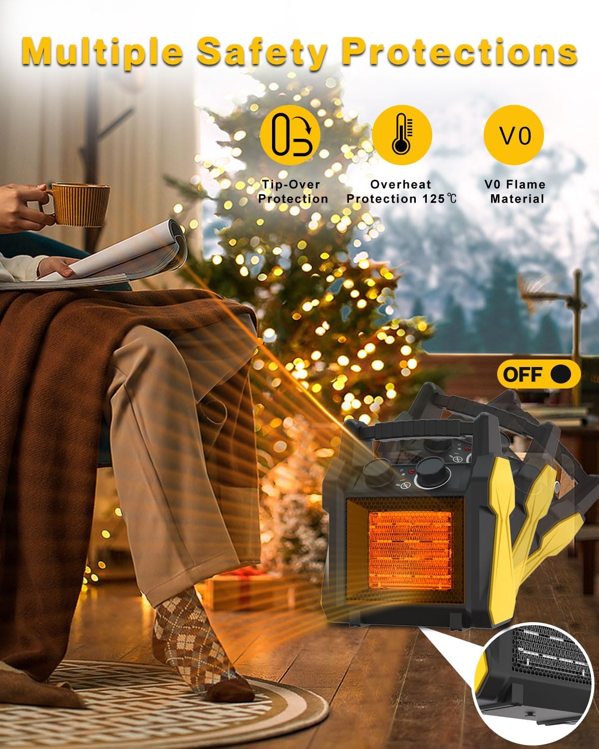 Calentadores para exteriores para patio, calentador eléctrico portátil de garaje de 1500 W con protección contra vuelcos, protección contra