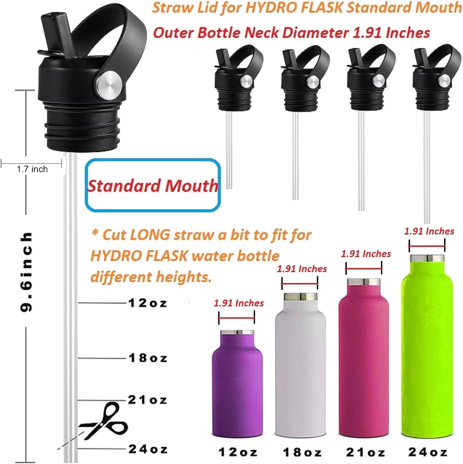Tapa de popote para Hydroflask, tapas con popote para Hydro Flask, tapa de popote de boca estándar de 18, 21, 24 onzas, tapa de repuesto, botella de