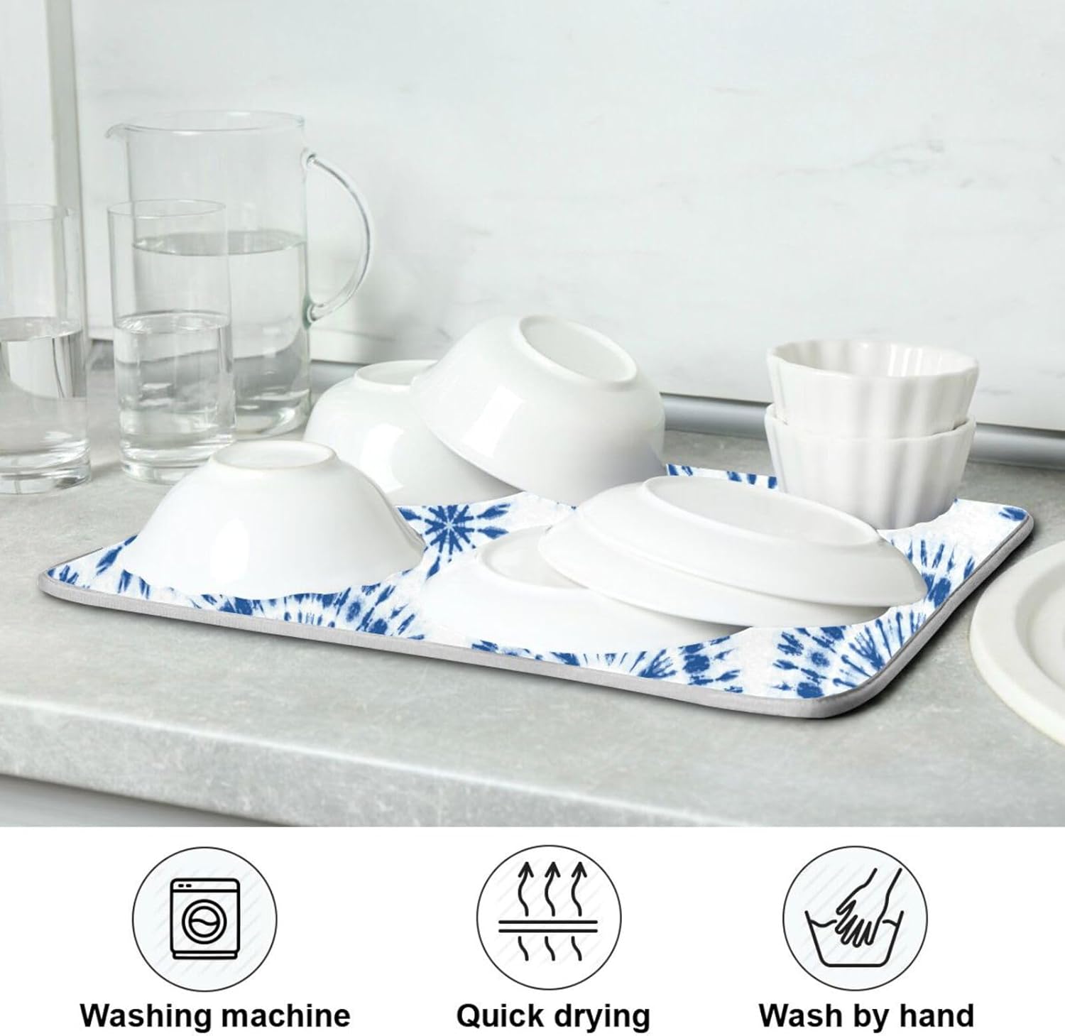 Indigo Tiedye Sunburst Dish Mat Washnable Absorbent Kitchen Counter Gadgets Dish Drainer Mats Tapete Para Cocina 16” x 18”