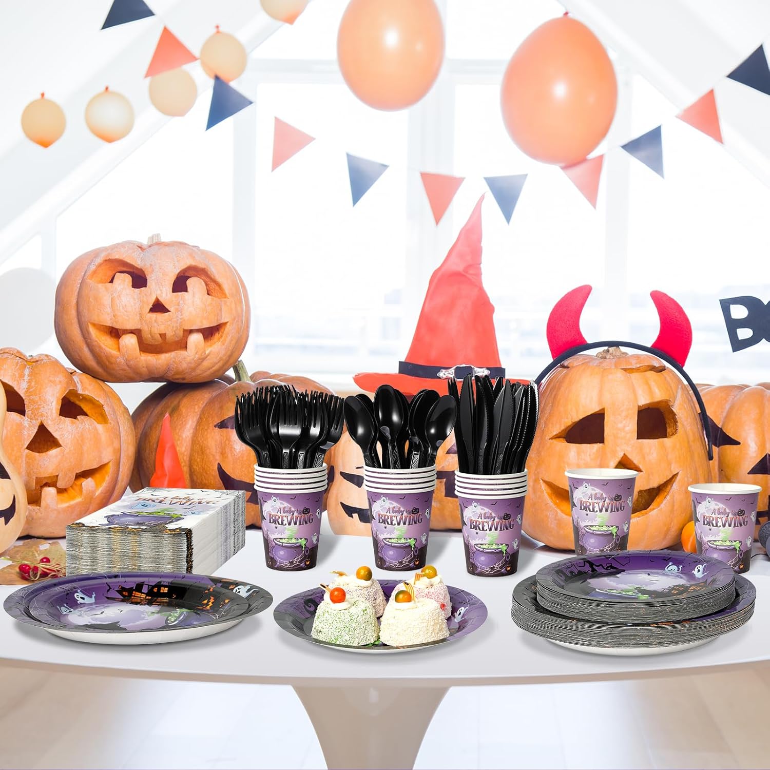 Decoración de suministros de fiesta de baby shower de Halloween, juego de platos y servilletas para baby shower, platos de papel desechables,