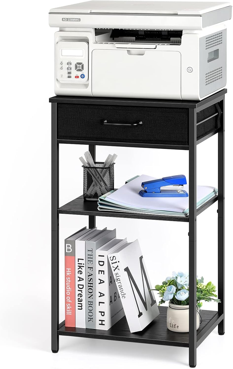 Soporte para impresora de 3 niveles debajo del escritorio, mesa pequeña para impresora con cajones de almacenamiento, estante de impresora de madera