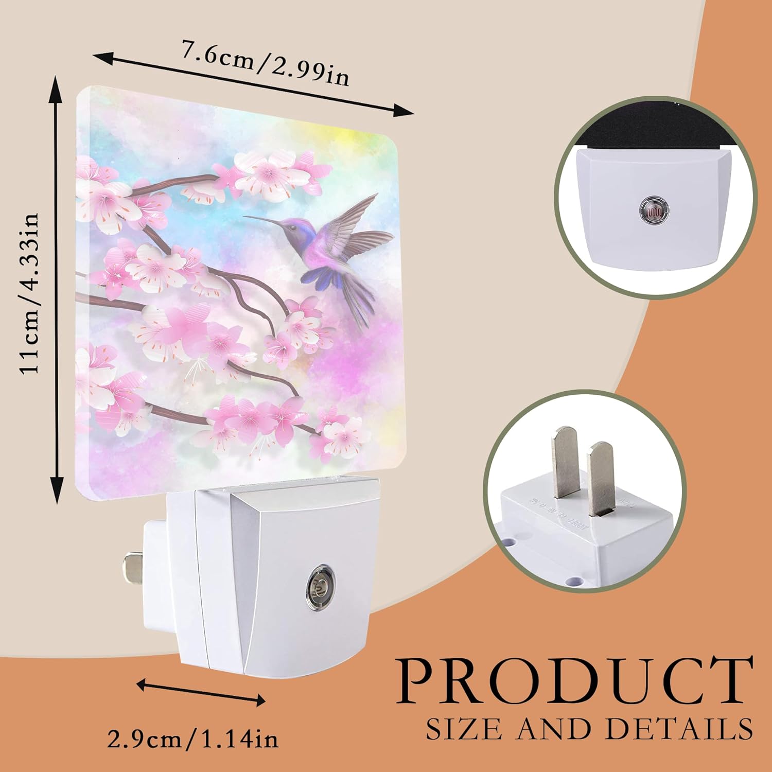 Luz nocturna con diseño de cerezo, colibrí, luces nocturnas enchufables a la pared para dormitorio de niños y niñas, luz nocturna decorativa media