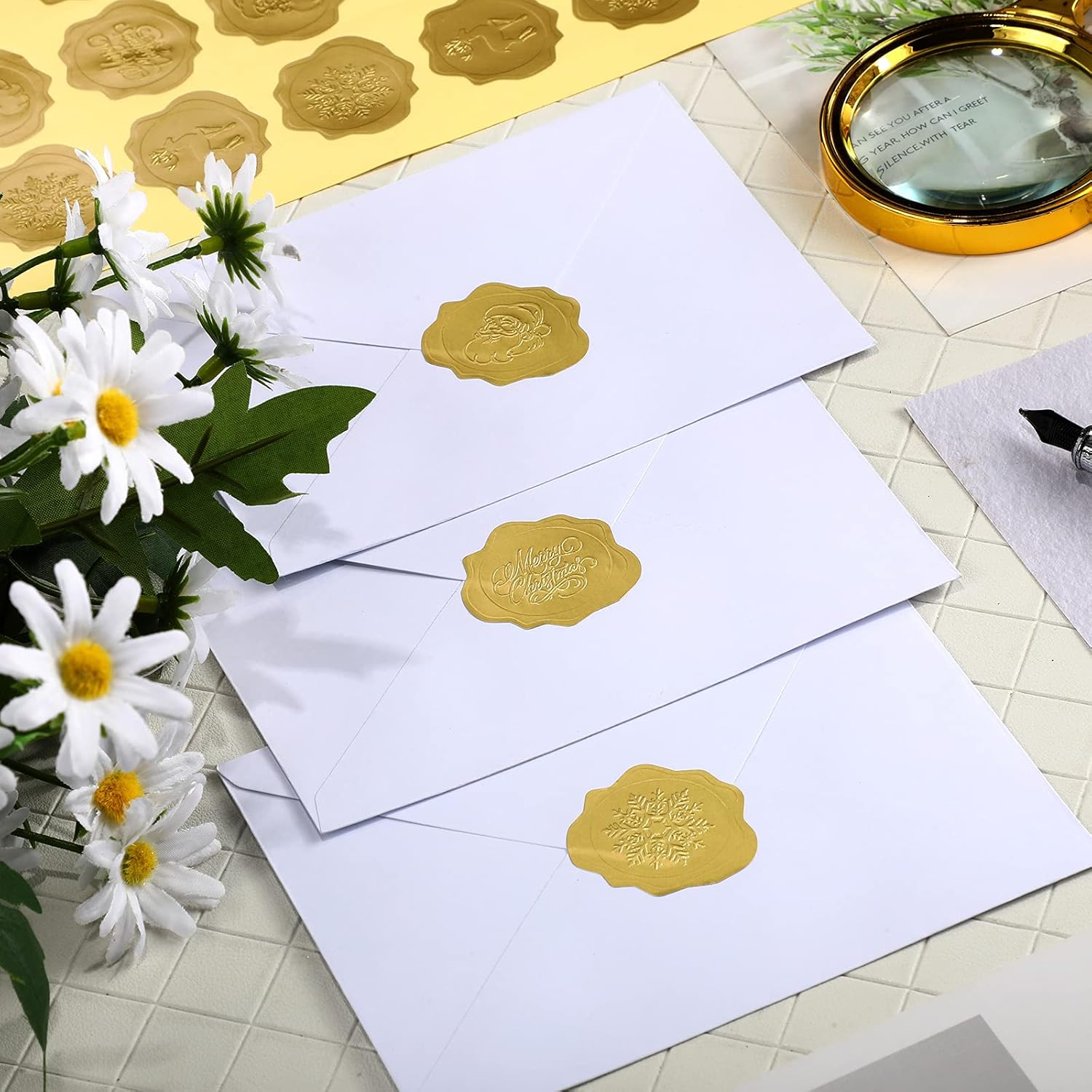 480 calcomanías de sobres de Navidad, calcomanías de papel dorado en relieve, calcomanías de sellos de cera, calcomanías adhesivas de flores para