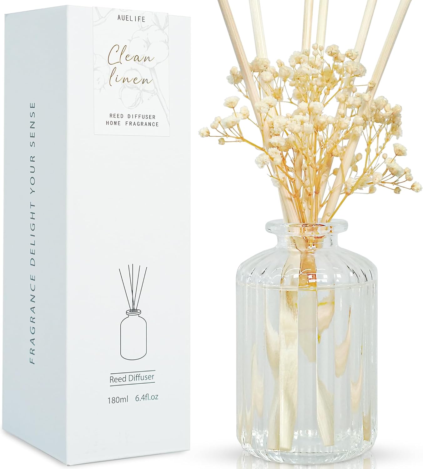 Auelife Juego de difusor de varillas de 6.4 onzas, difusor perfumado de lino limpio con varillas preservadas, difusor de varillas de aceite esencial