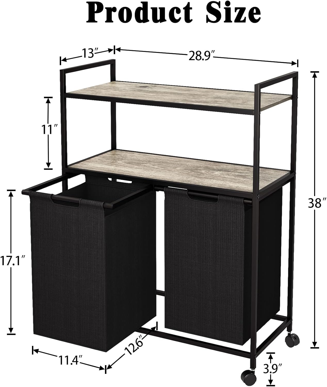 Huhaneon Cesta de lavandería con ruedas, cesta de lavandería, muebles de baño con 2 bolsas extraíbles y extraíbles, 2 estantes, capacidad de 12