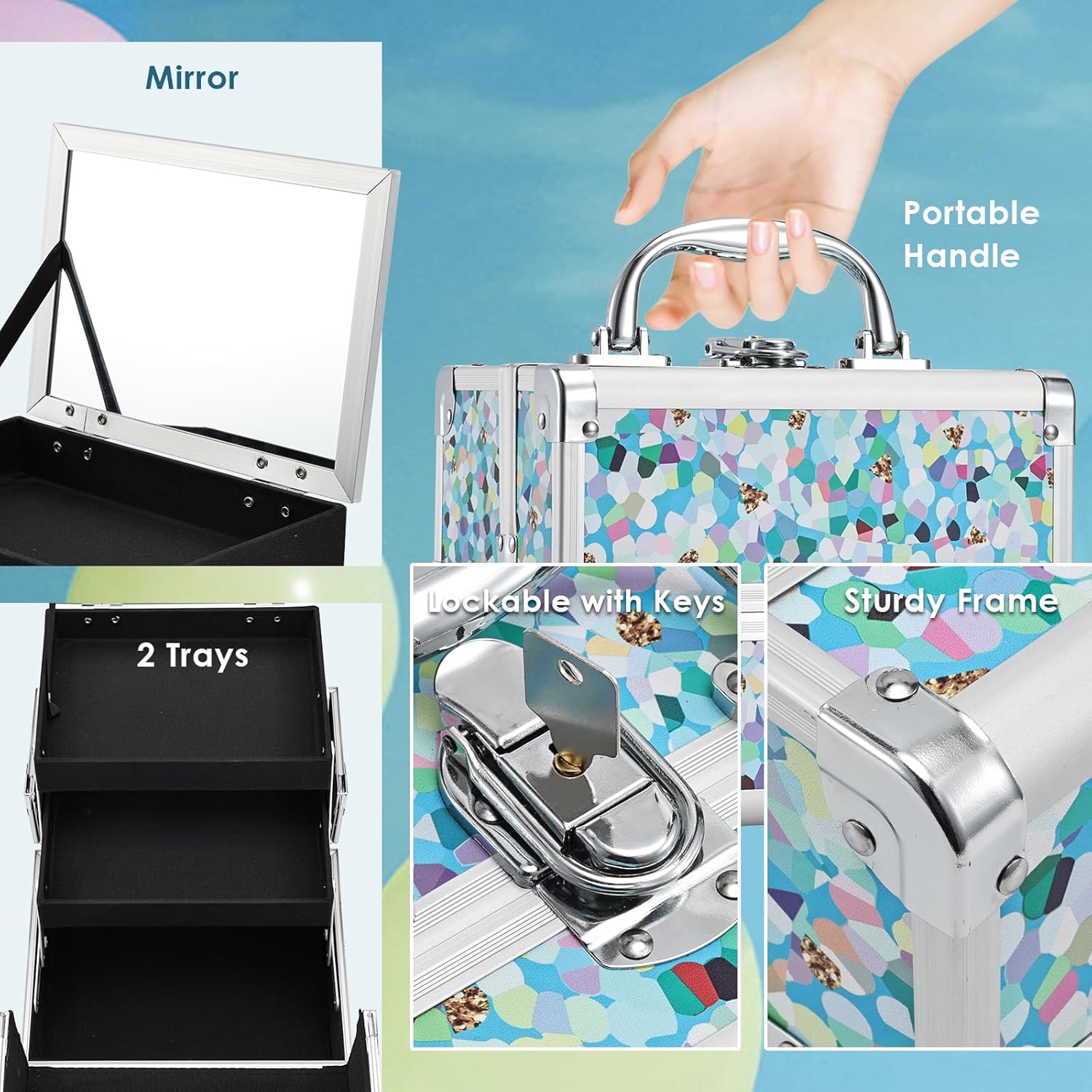 FRENESSA Estuche de tren de maquillaje, estuche organizador de cosméticos, caja de maquillaje portátil, 2 bandejas con espejo, estuche organizador