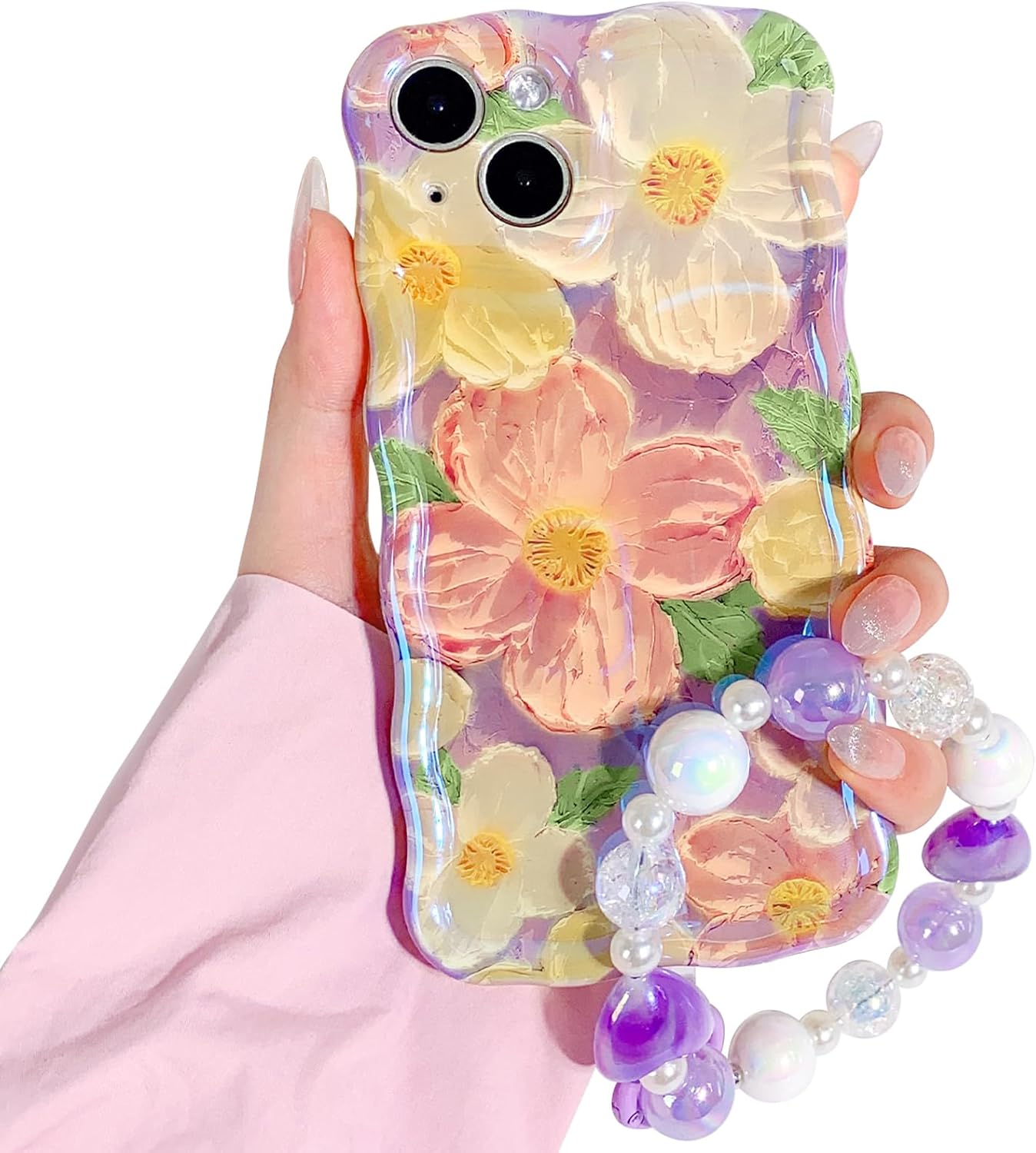 NITITOP Funda compatible con iPhone 13, bonita funda de pulsera de flores de aceite moradas con bonita correa de muñeca con cordón de flores para