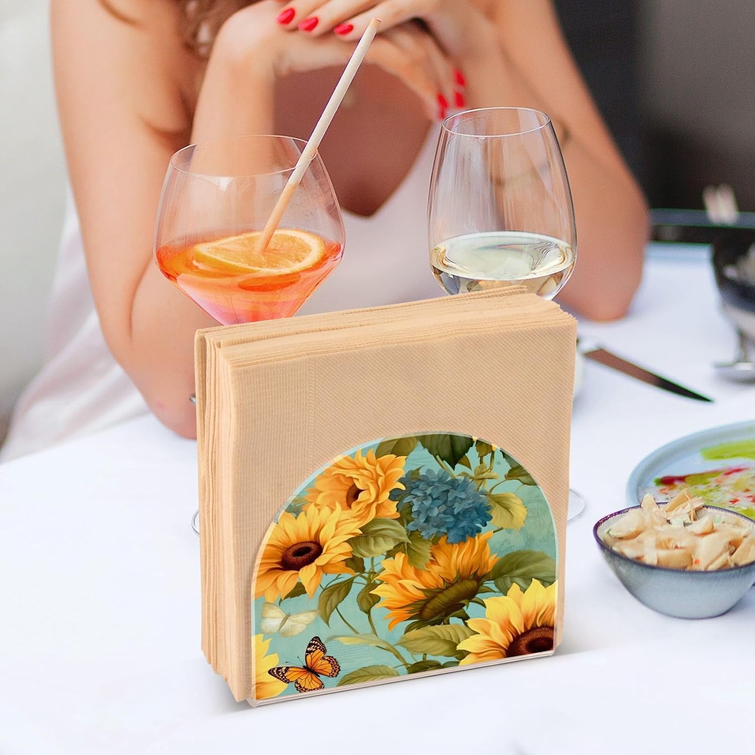 Sunflower and Butterfly Acrylic Napkin Holder Clear Crystal Tissue Paper Dispenser for Table, Kitchen Countertop, Restaurant, Decor