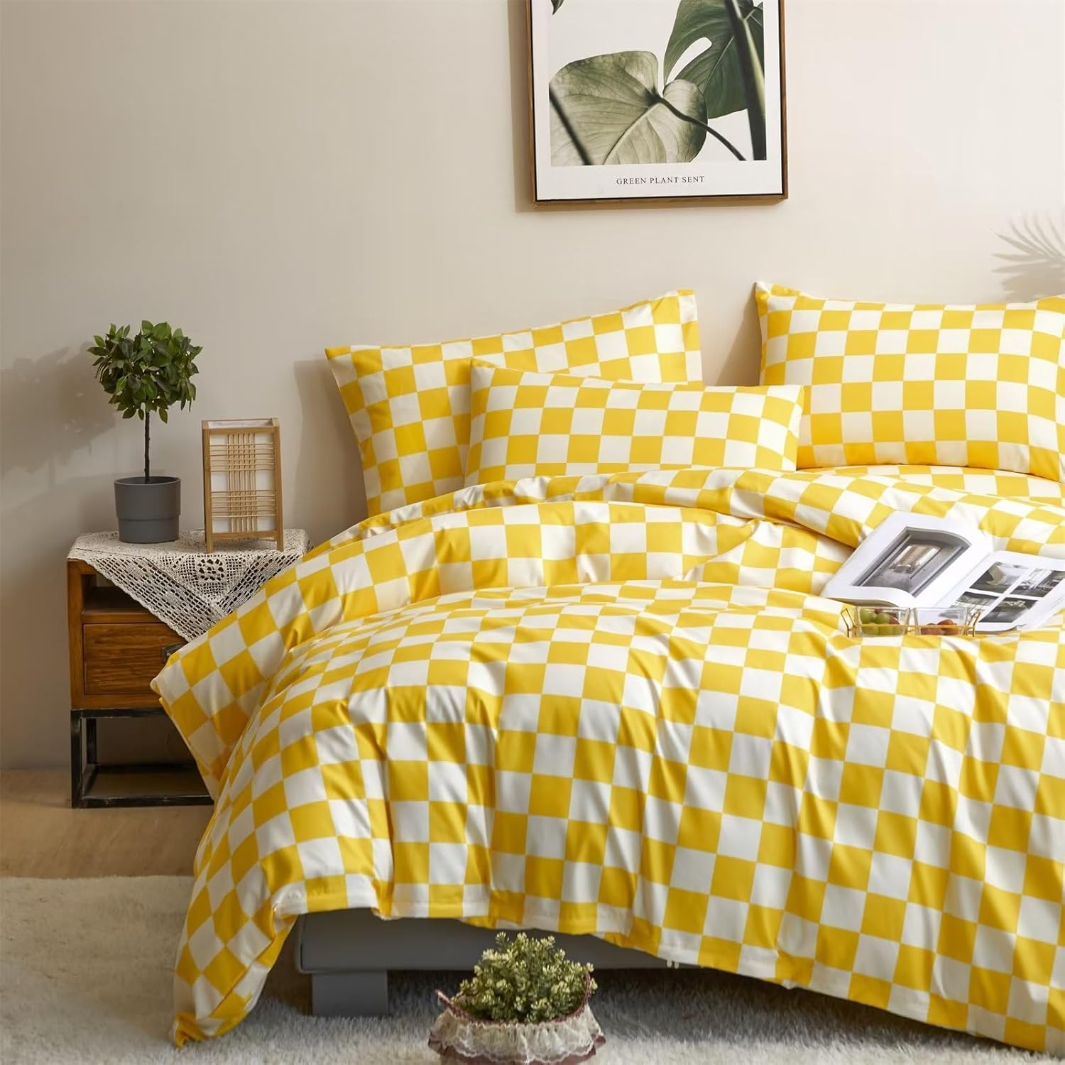 Cottonight Juego de edredón amarillo tamaño Queen, juego de ropa de cama a cuadros con patrón de cuadros amarillo brillante y blanco, edredón suave