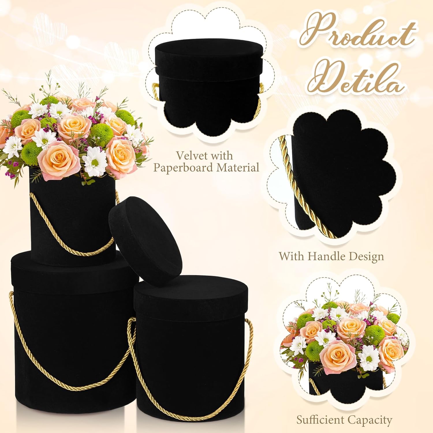Uiifan 6 cajas redondas de terciopelo con tapas, caja de regalo de terciopelo para boda con asa para arreglos de regalo de flores de lujo, regalos